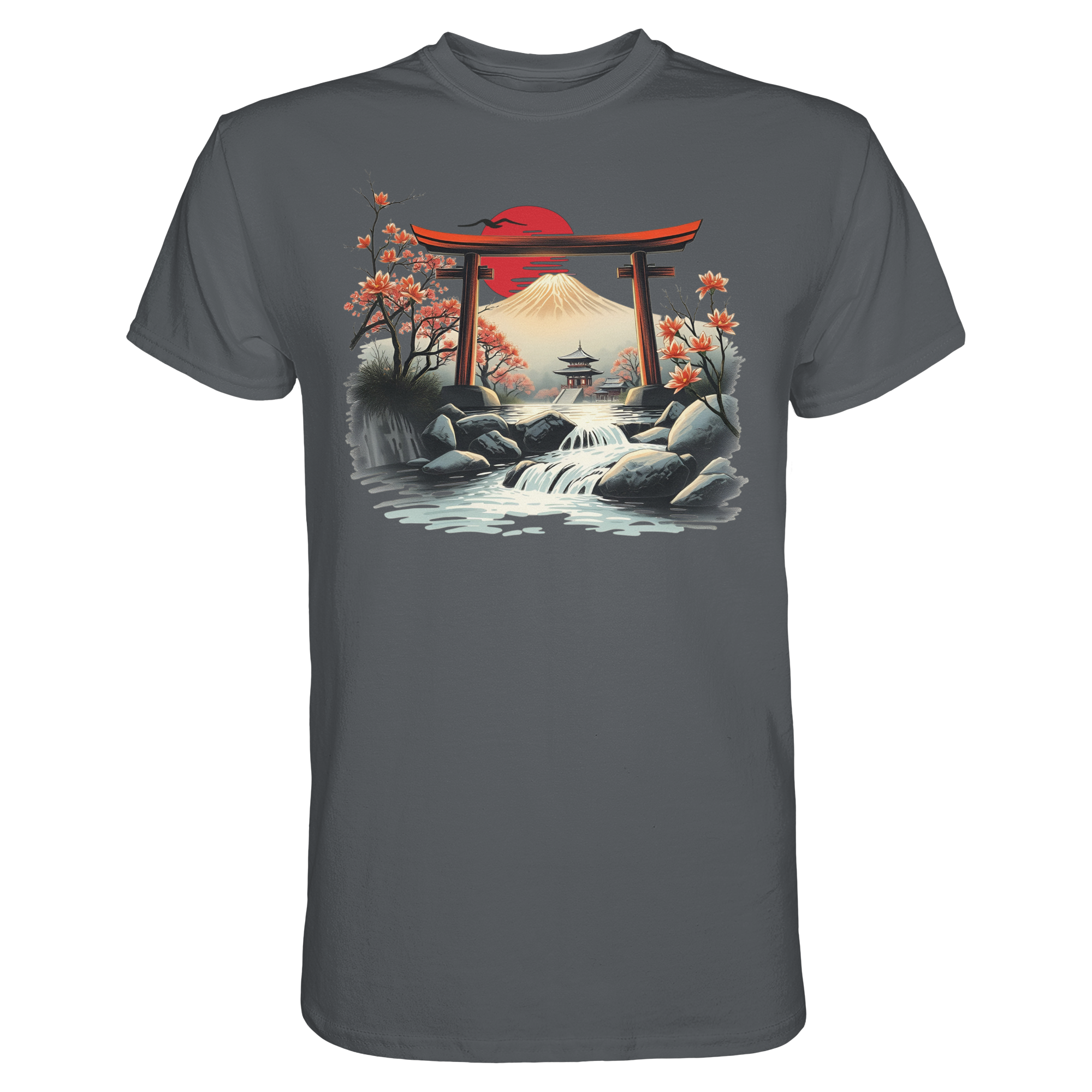 Dunkelgraues Unisex-T-Shirt von Banpuku, Torii Premium Shirt, vorneansicht, weicher Stoff, stilvolles Design