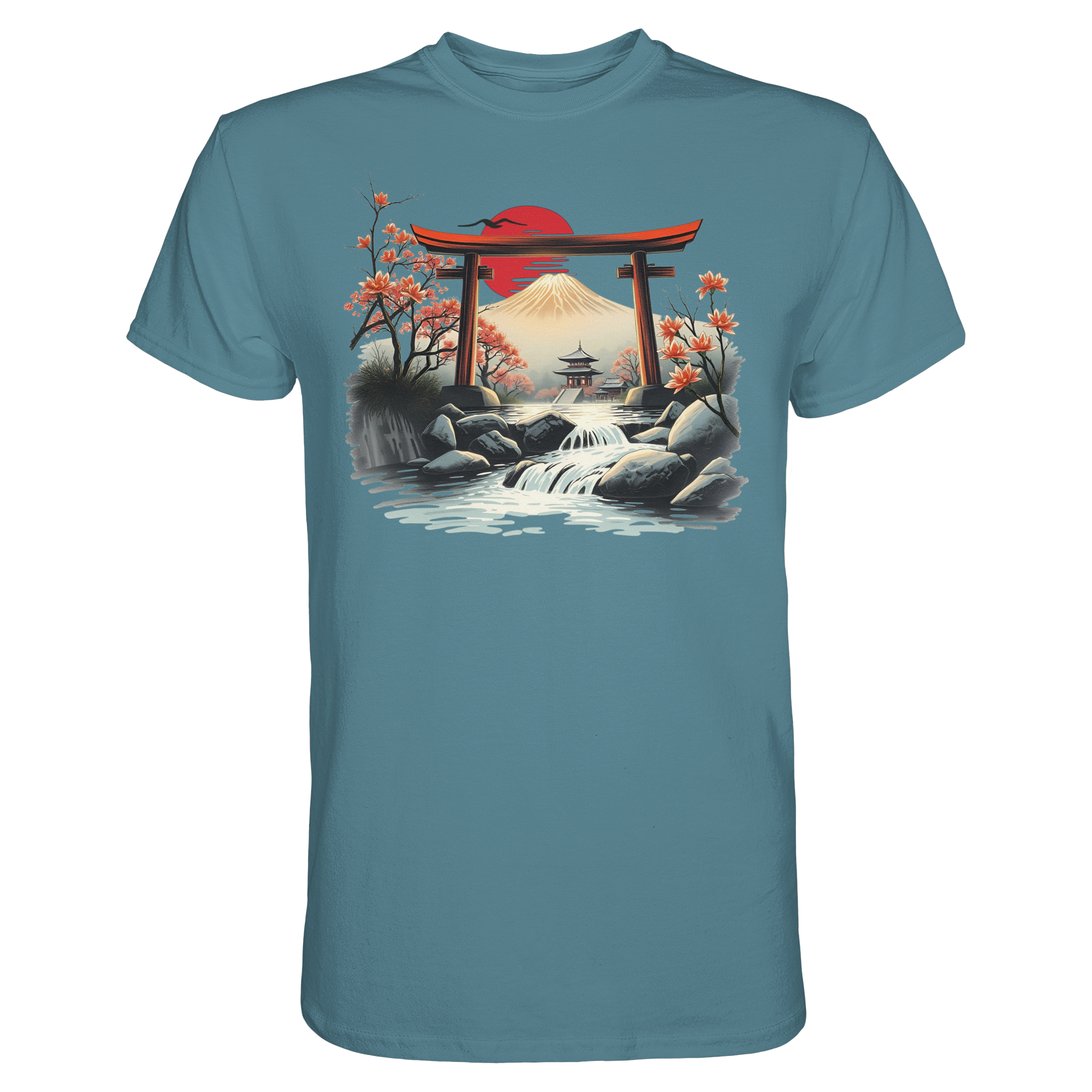 Unisex-T-Shirt von Banpuku, vorne in Steinblau mit schlichtem Design und bequemem Schnitt.