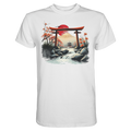 Vorderansicht eines weißen Unisex-Shirts von Banpuku mit Torii-Design, hochwertiges Premium-Shirt, modisches Alltagskleidungsstück