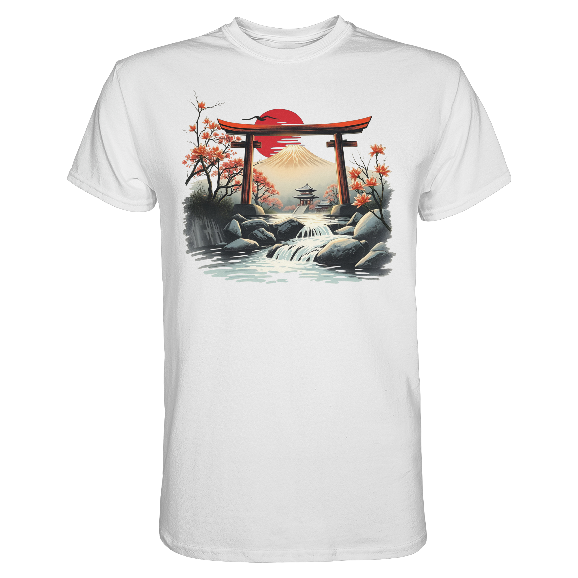 Vorderansicht eines weißen Unisex-Shirts von Banpuku mit Torii-Design, hochwertiges Premium-Shirt, modisches Alltagskleidungsstück