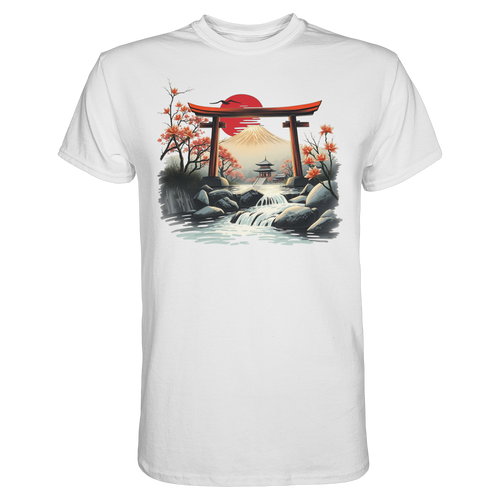 Vorderansicht eines weißen Unisex-Shirts von Banpuku mit Torii-Design, hochwertiges Premium-Shirt, modisches Alltagskleidungsstück