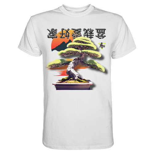 Weißes Unisex-Baumwollshirt mit Bonsai-Design von Banpuku, vorne sichtbar, hochwertiges Premium-Shirt für stilvollen Komfort.