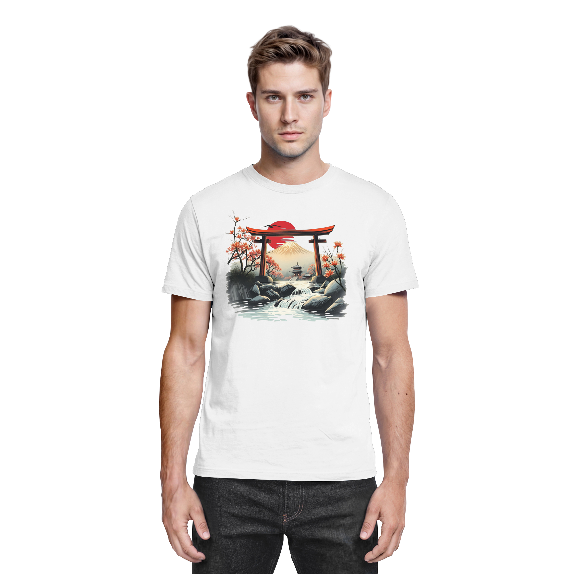 Weißes Unisex-Shirt von Banpuku mit Torii-Design, vorne sichtbar, hochwertiges Premium-Shirt, schlicht und stilvoll.