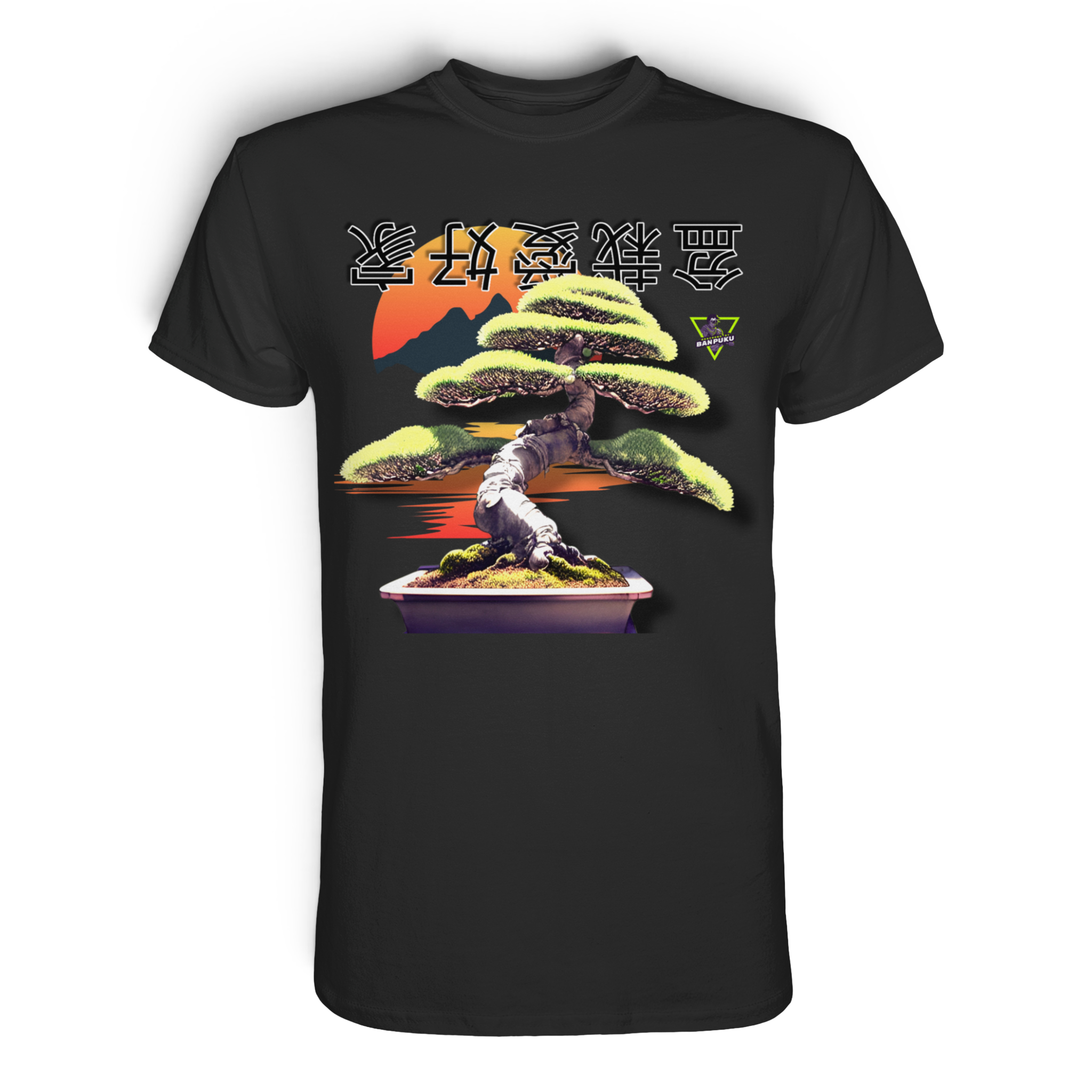 Schwarzes Premium-Unisex-Shirt mit Bonsai-Design von Banpuku, Frontansicht, weiches Baumwollmaterial, stilvoll und bequem.