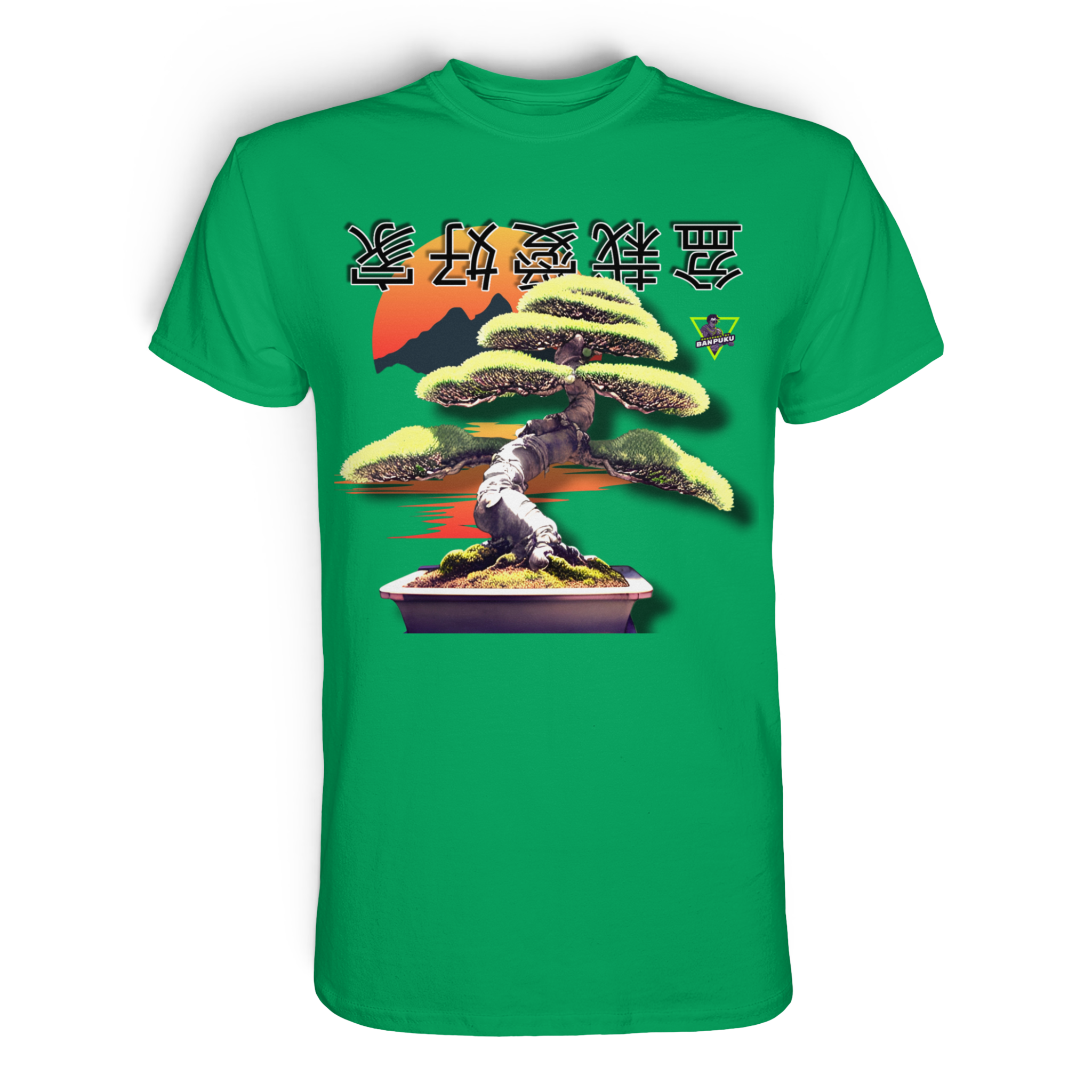 Unisex-Baumwoll-Shirt von Banpuku mit Bonsai-Design in Kelly-Grün, zeigt den Vorderteil des Premium-Shirts.