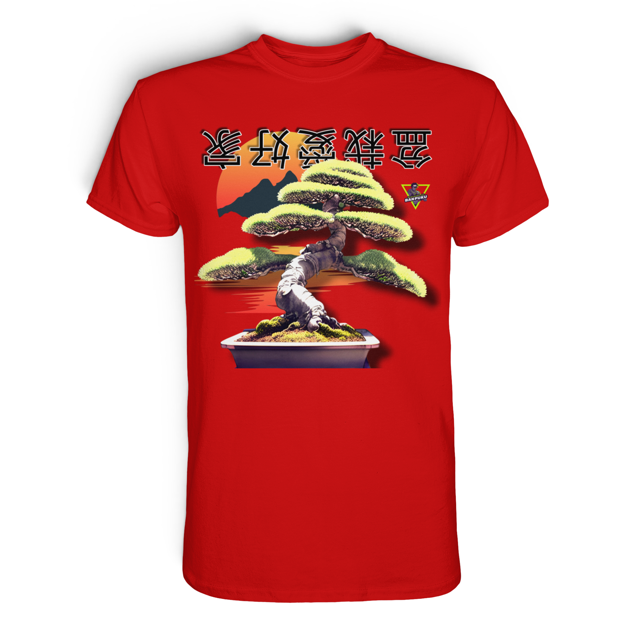 Unisex-Bonsai-Shirt von Banpuku in roter Farbe, Vorderansicht, hochwertiges Premium-Shirt mit Bonsai-Design.