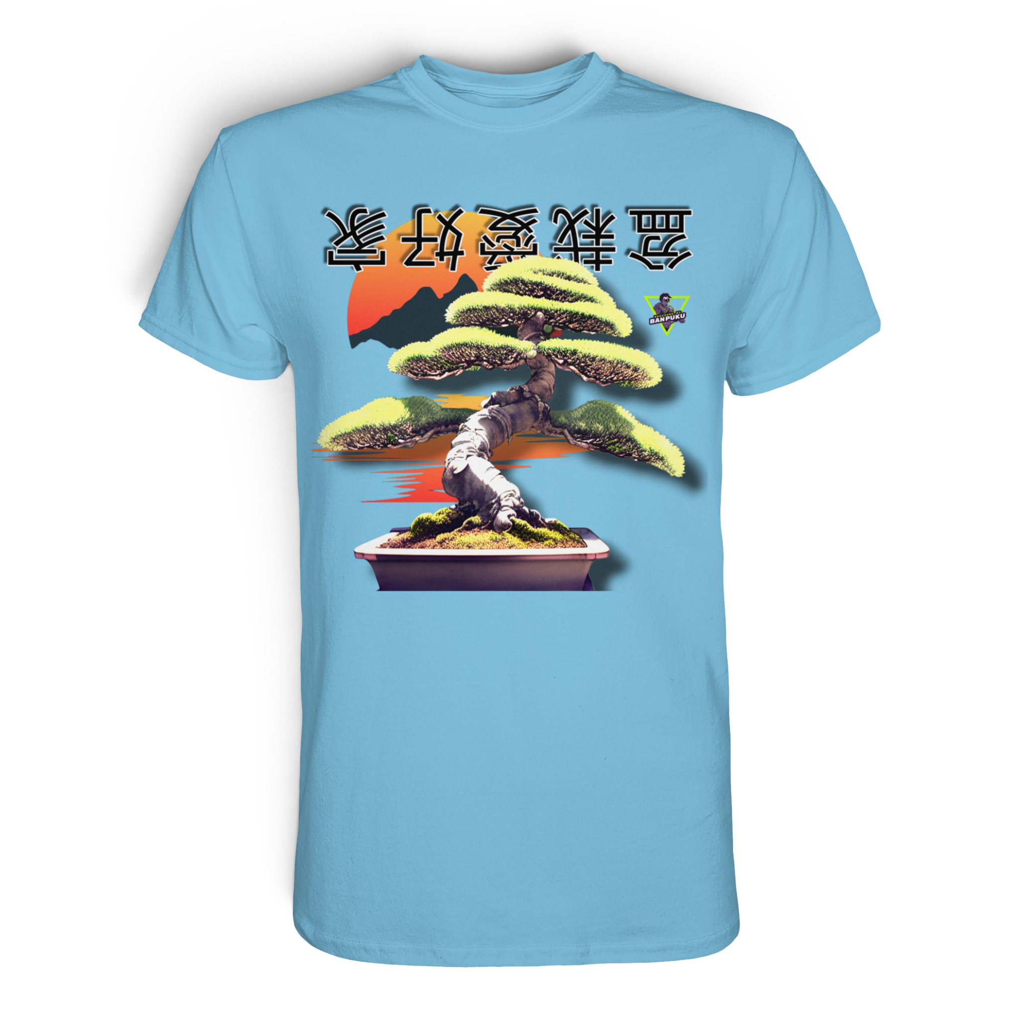 Unisex-Baumwoll-Shirt von Banpuku mit Bonsai-Design in Sky Blue, vorne sichtbar, stilvolles Premium-Shirt für Naturliebhaber