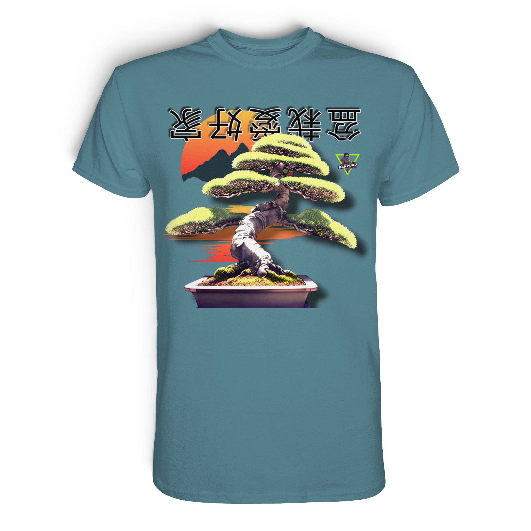 Unisex-Baumwoll-Shirt von Banpuku mit Bonsai-Design in Steinblau, Vorderansicht, hochwertiges Premium-Shirt