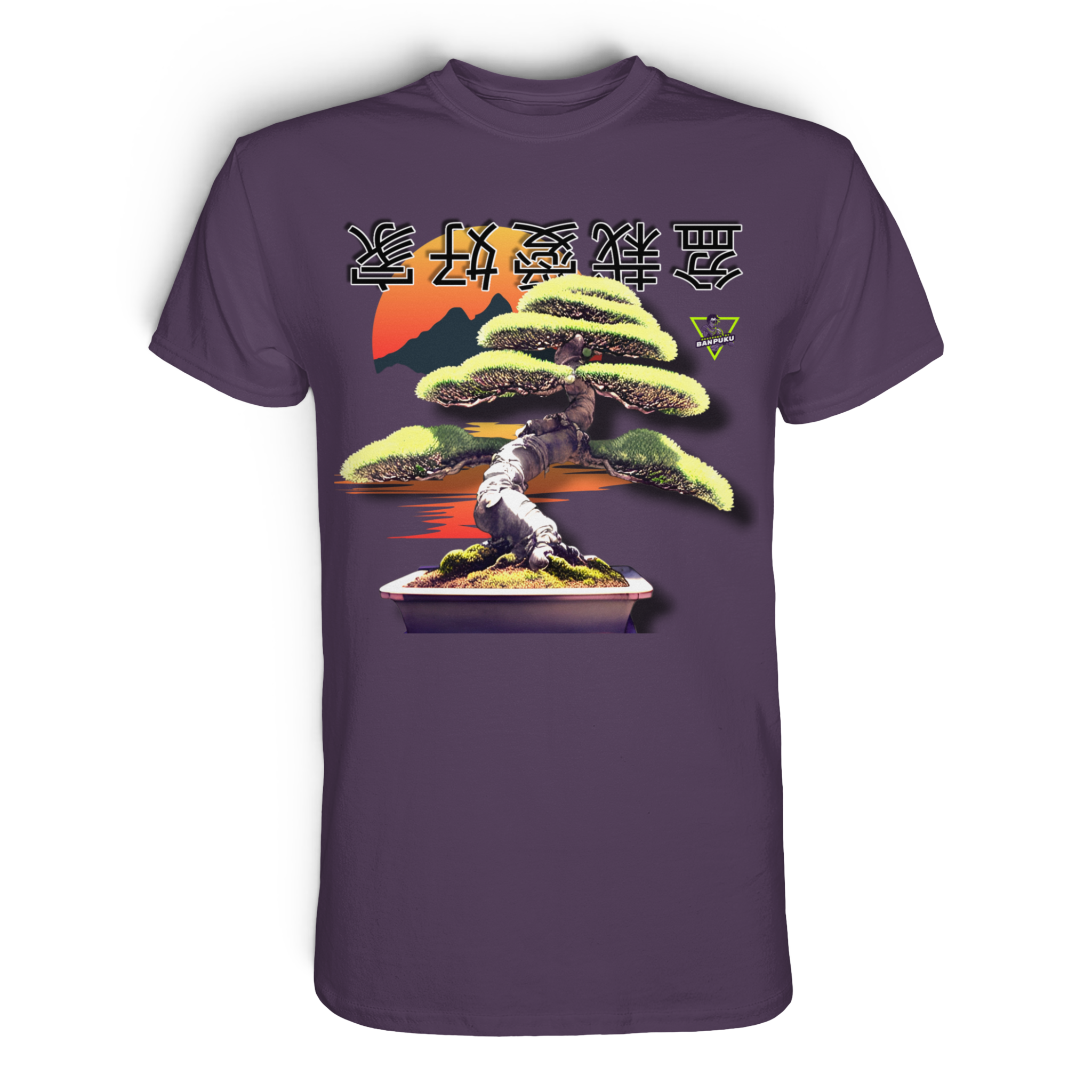 Unisex-Baumwoll-Shirt von Banpuku mit Bonsai-Design in urbanem Lila, frontale Ansicht, hochwertiges Premium-Shirt.