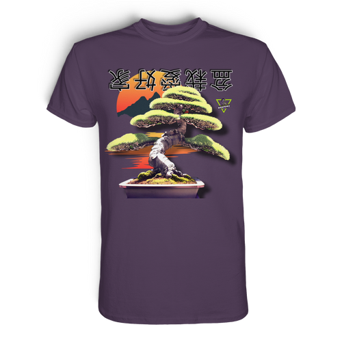 Unisex-Baumwoll-Shirt von Banpuku mit Bonsai-Design in urbanem Lila, frontale Ansicht, hochwertiges Premium-Shirt.