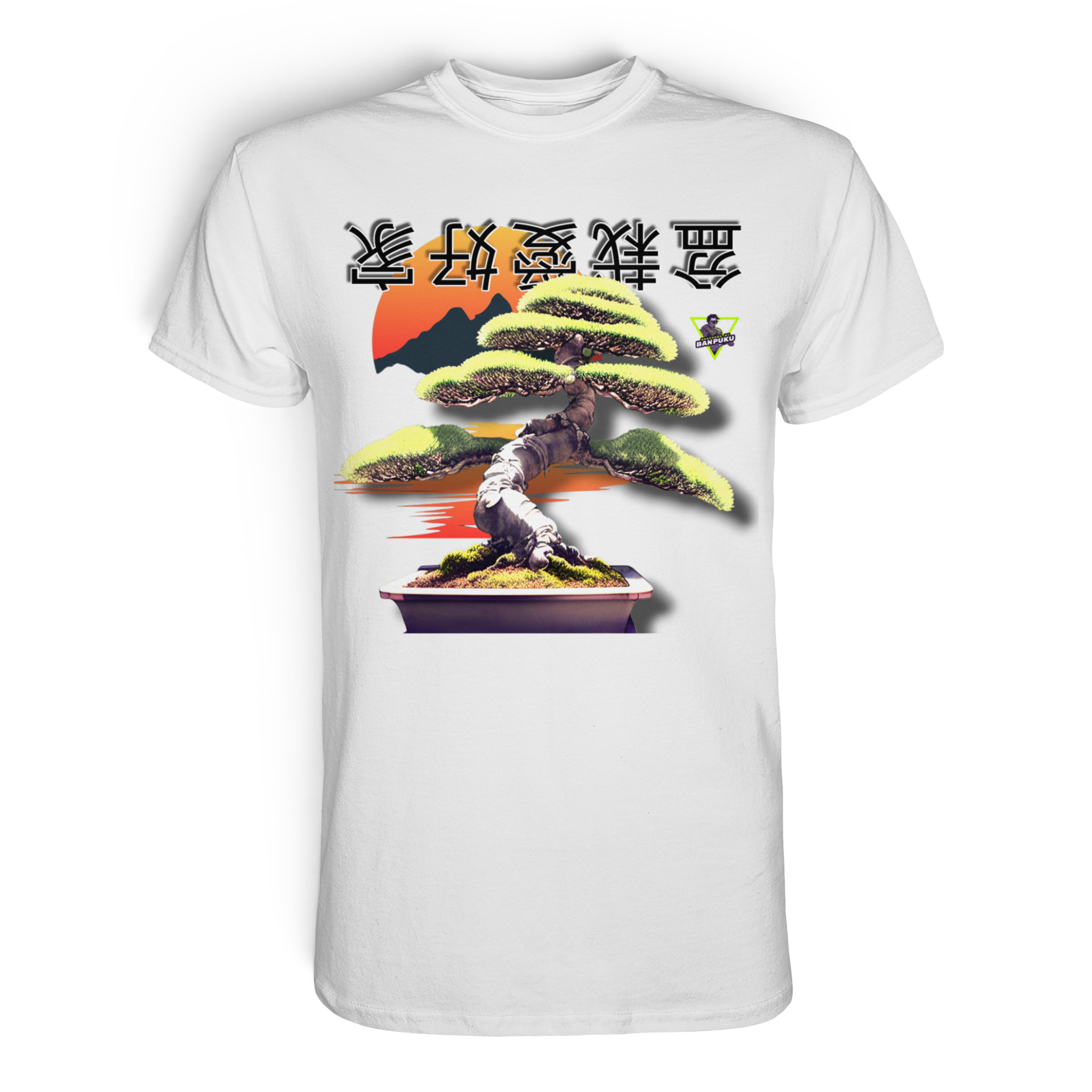 Weißes Unisex-T-Shirt mit Bonsai-Print von Banpuku, hochwertiges Premium-Shirt, Frontansicht, stilvolle Naturmotive.