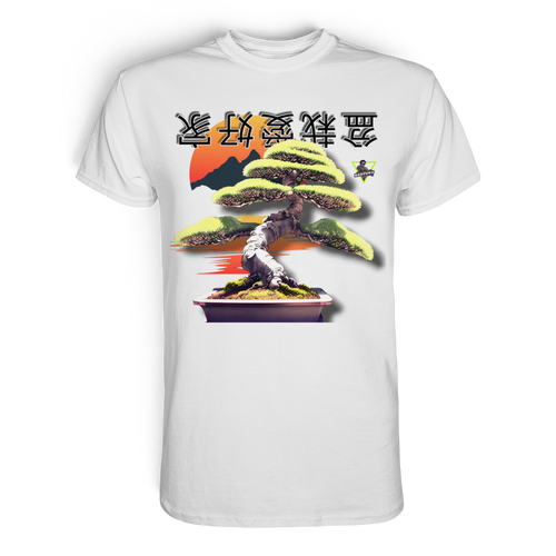 Weißes Unisex-T-Shirt mit Bonsai-Print von Banpuku, hochwertiges Premium-Shirt, Frontansicht, stilvolle Naturmotive.