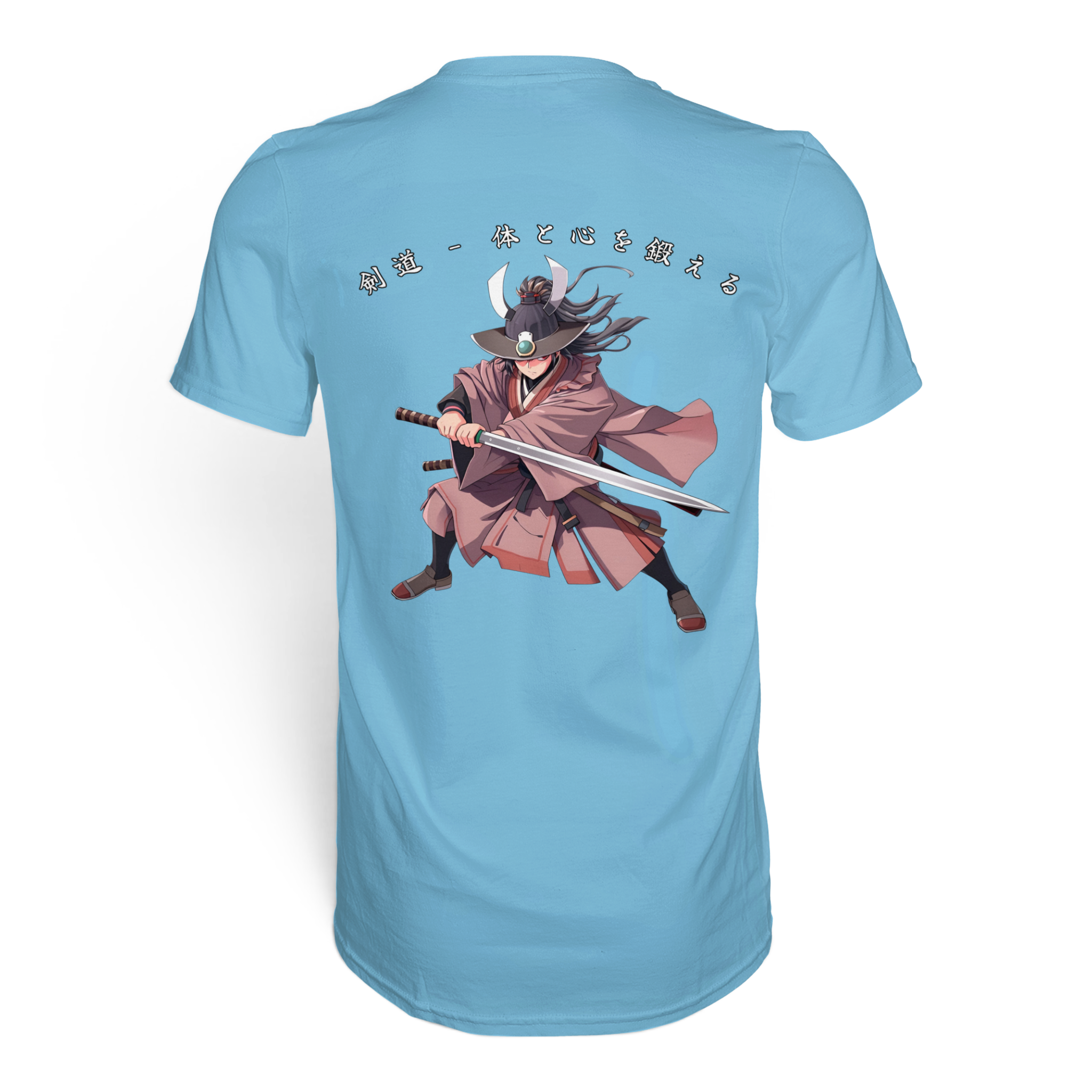 Unisex Premium-Shirt von Banpuku in Himmelblau, Rückansicht, weiche Baumwolle, stilvolles Design, hochwertiges Kendo-Logo sichtbar