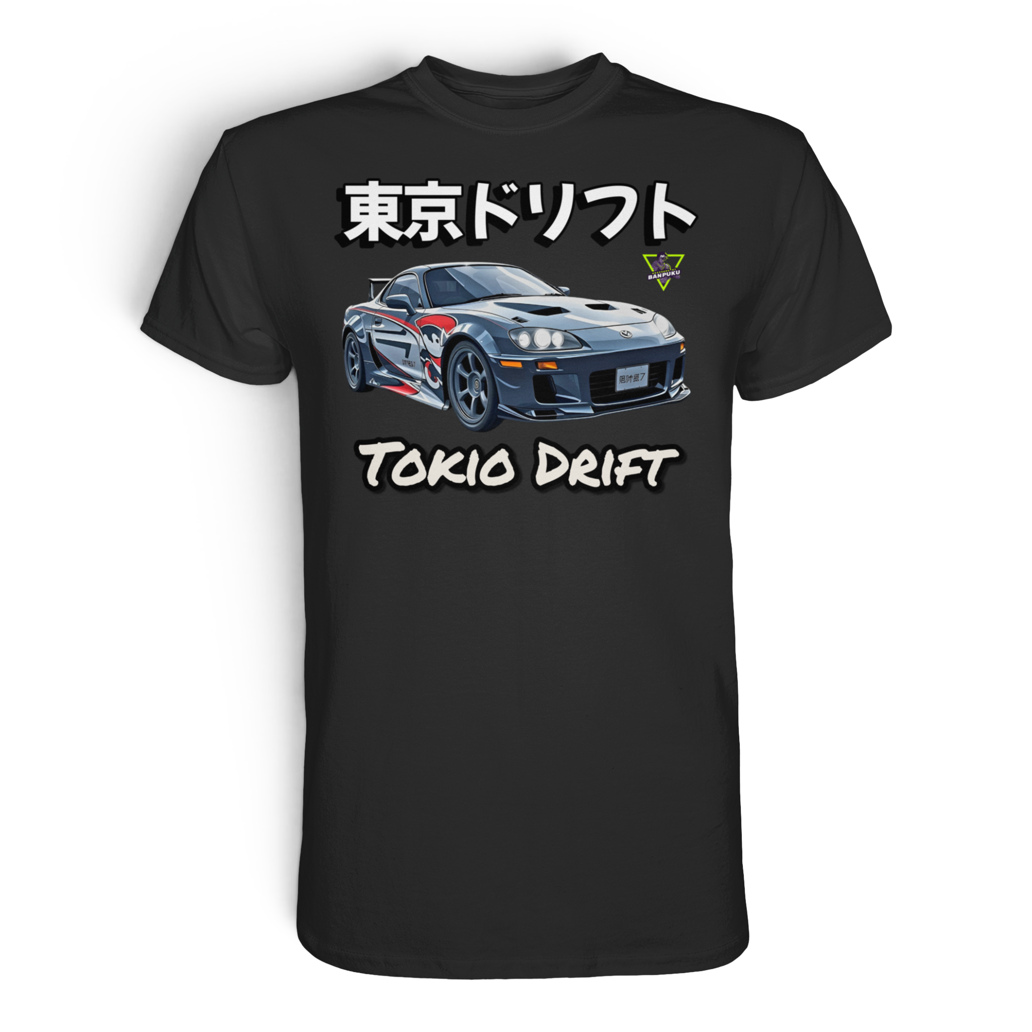 Schwarzes Premium-Unisex-Shirt mit Race Tokio Drift Design von Banpuku, Frontansicht auf weißem Hintergrund