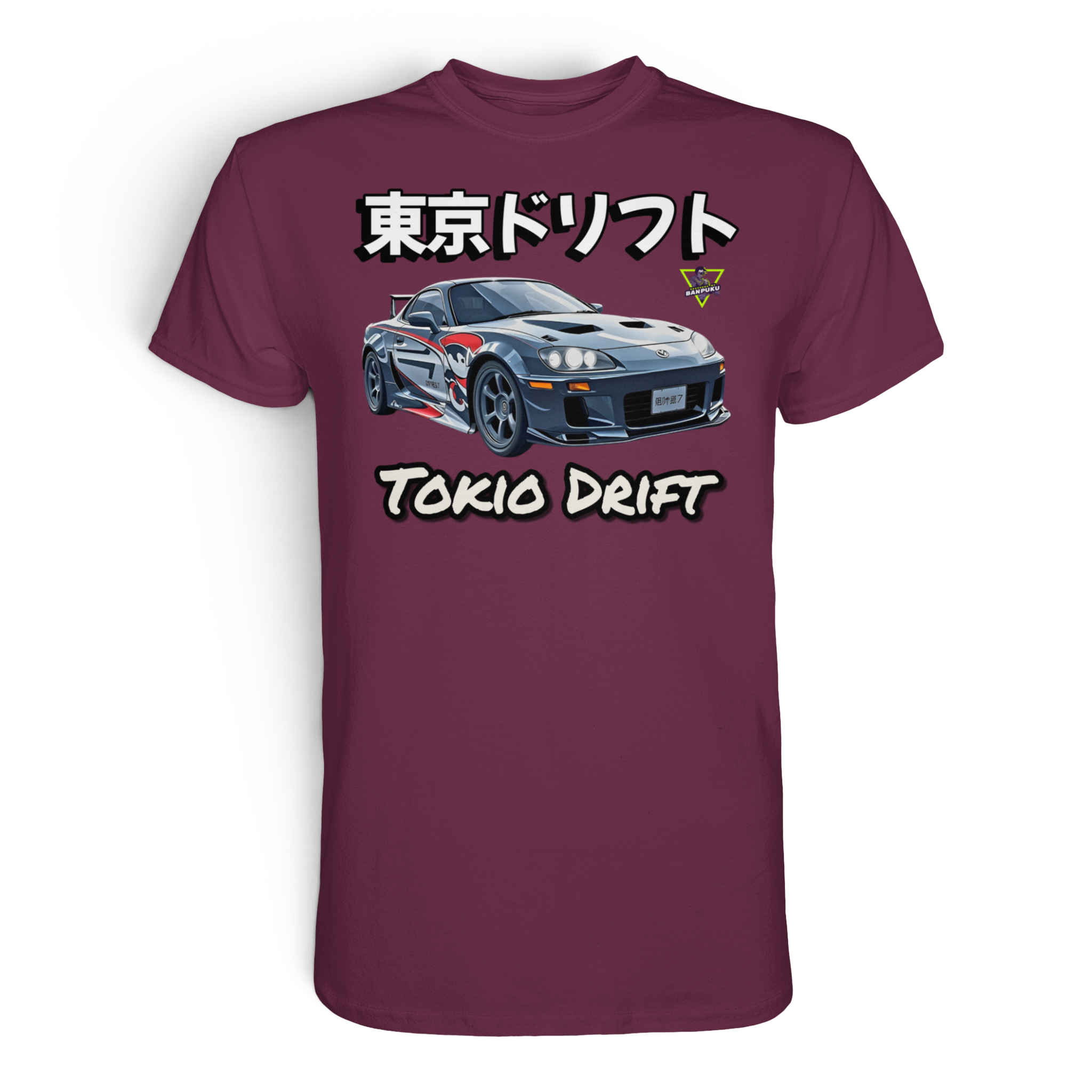 Unisex-Banpuku Premium-Shirt mit Tokio Drift Motiv in Burgund, Vorderansicht, hochwertiges T-Shirt aus Baumwolle