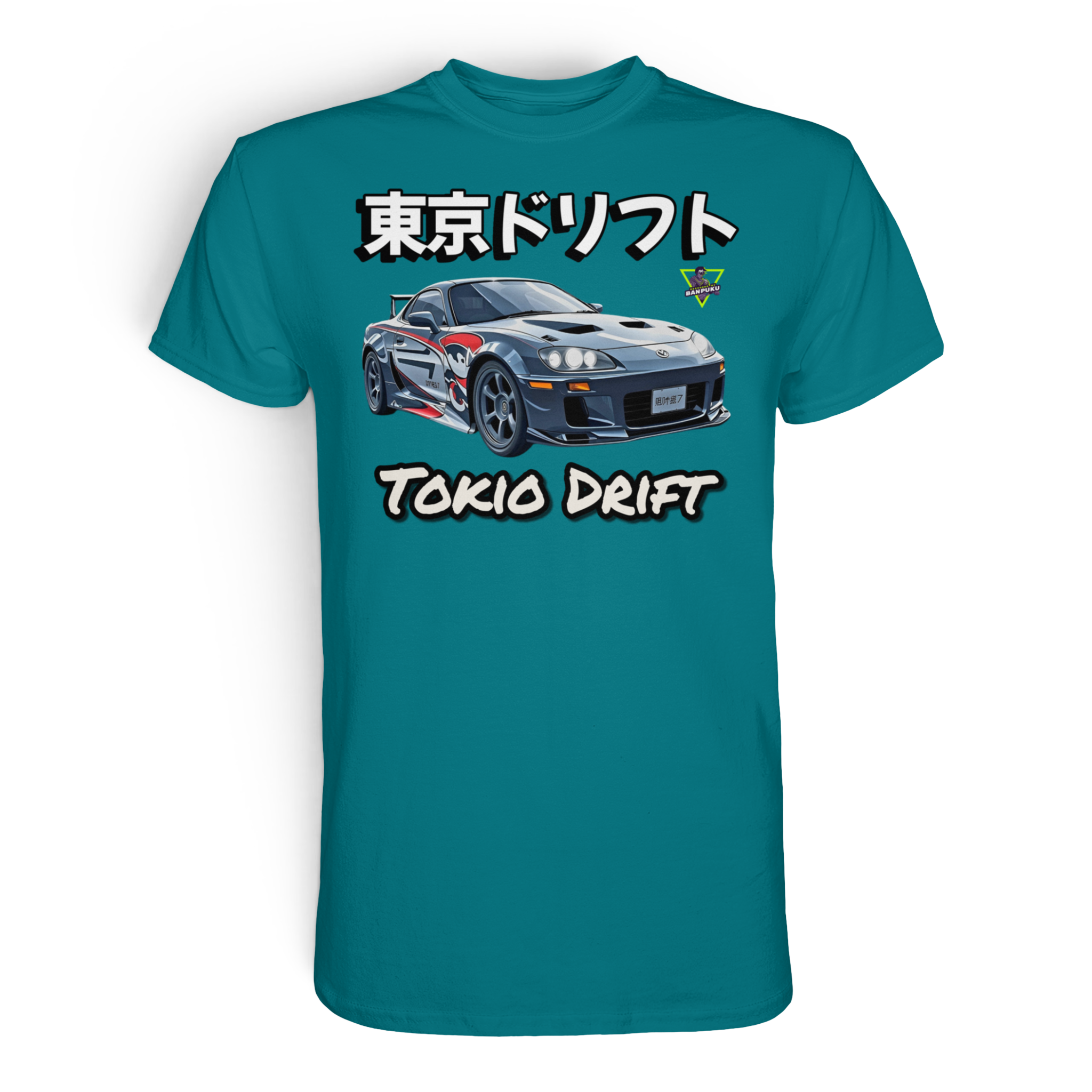 Unisex-Premium-Shirt von Banpuku mit Tokio Drift Design in Blau, Frontansicht, hochwertiges Material, stilvolles Streetwear-Design