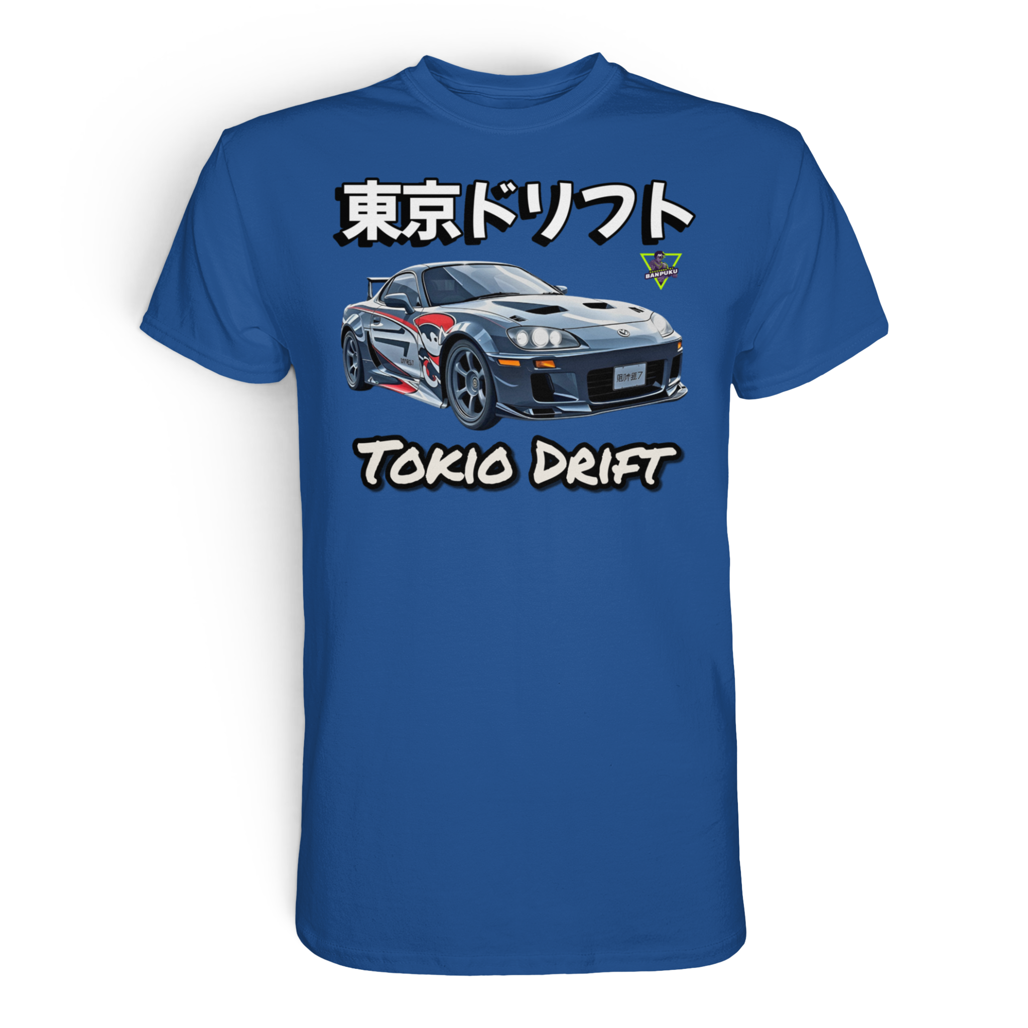 Unisex Premium-Shirt mit Tokio Drift Motiv in Royal Blue, von Banpuku, vorne sichtbar, modischer Streetwear-Look.