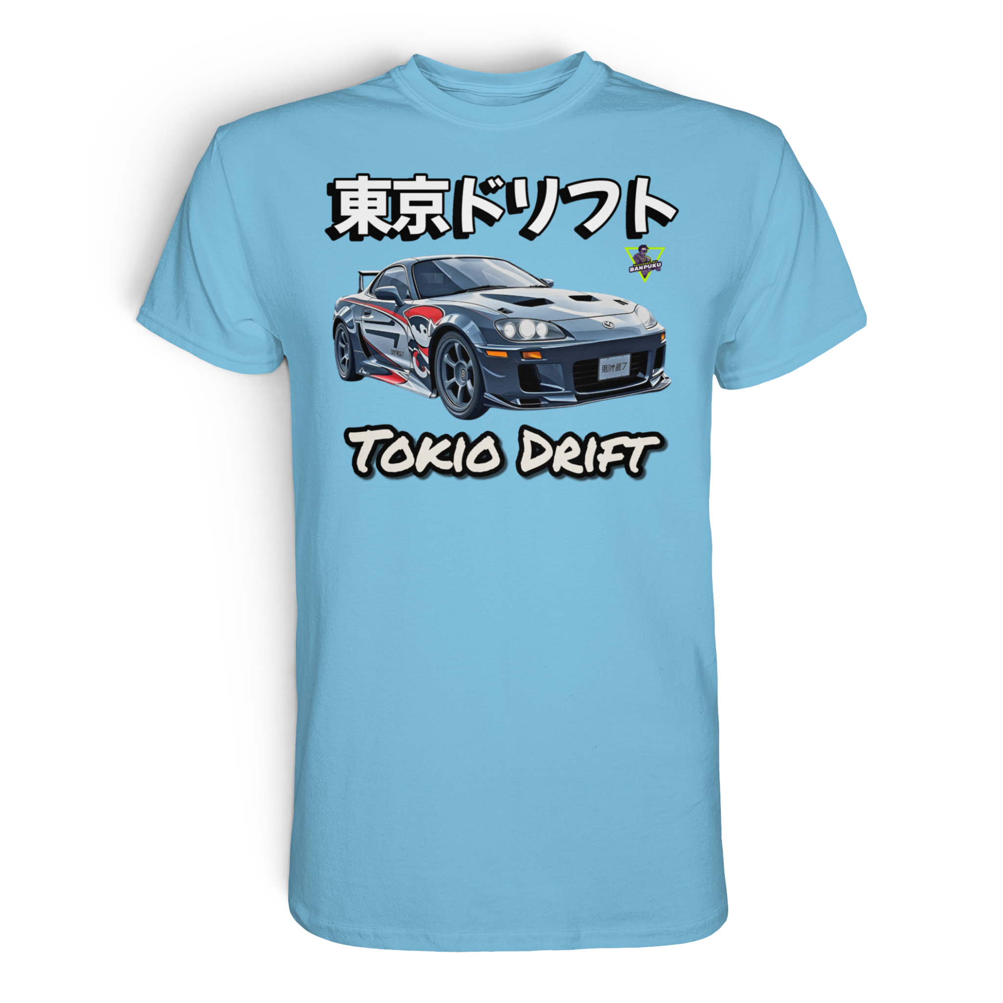 Unisex Premium-Shirt von Banpuku mit Tokio Drift Design in Himmelblau, Frontansicht, hochwertiger Druck und bequeme Passform.