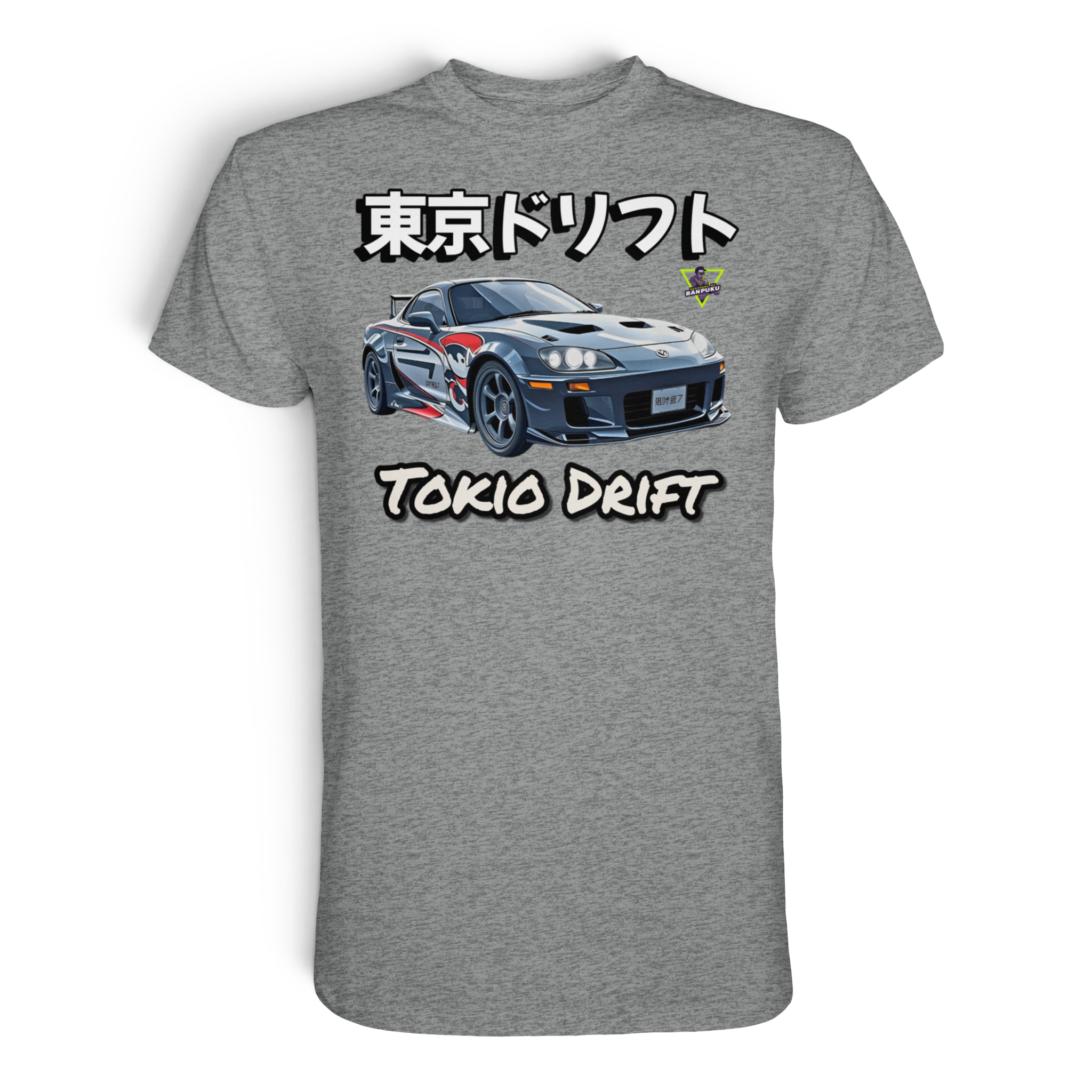 Unisex Premium-Shirt von Banpuku mit Tokio Drift Race Design, sportliches Grau-Meliert, Vorderansicht, hochwertiges T-Shirt