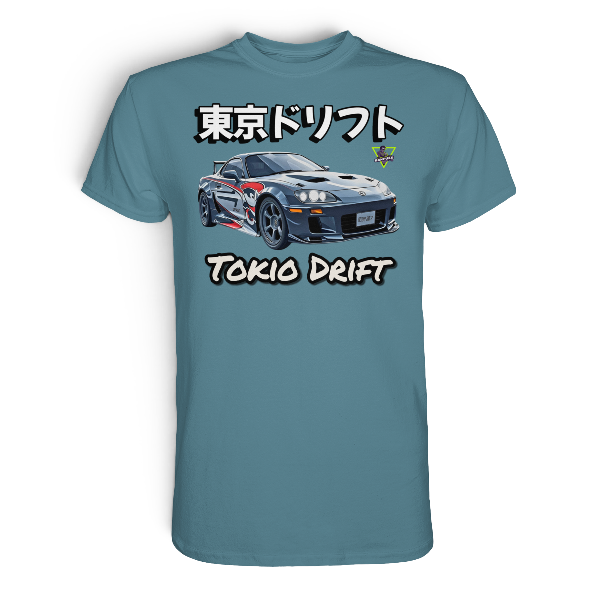 Unisex Premium-Shirt von Banpuku mit Tokio Drift Design in Steinblau, vorne sichtbar, hochwertiges Shirt für Fans des Rennsports.