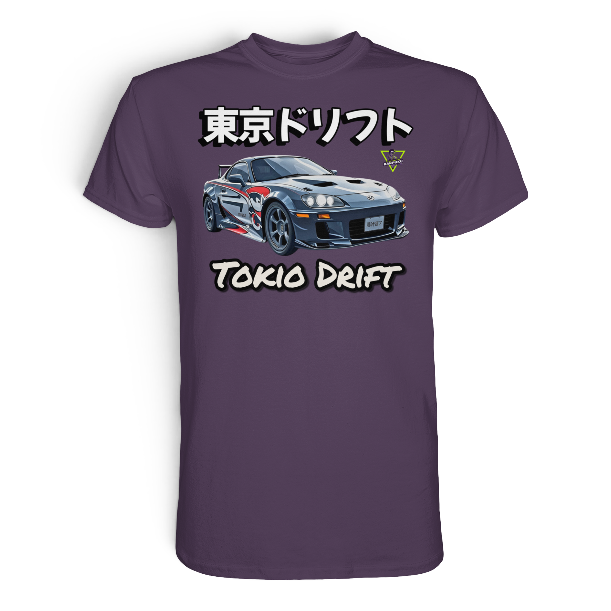 Unisex-Premium-Shirt von Banpuku mit Tokio Drift Design in urbanem Lila, vorderseitige Ansicht, modisches Streetwear-Design.