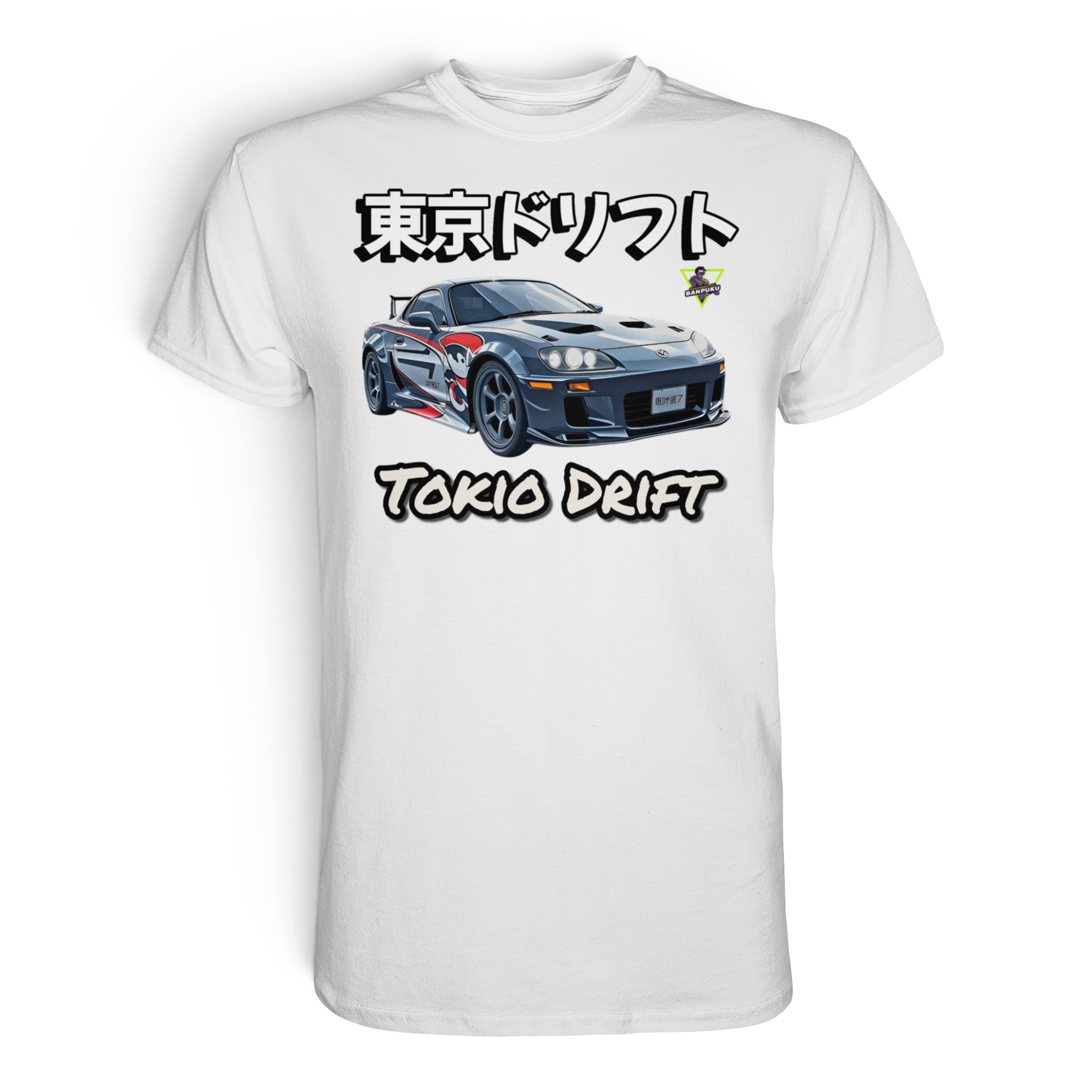 Weißes Unisex-Shirt mit Race Tokio Drift Motiv von Banpuku, Vorderansicht, hochwertiges Premium-Design