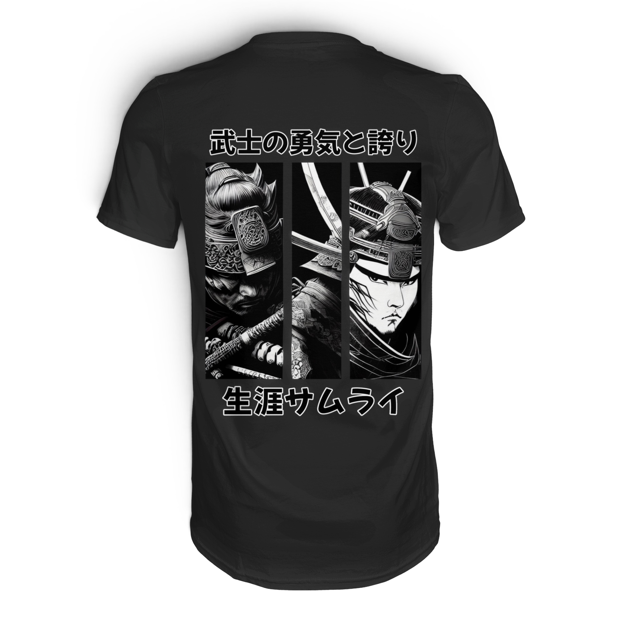 Schwarzfarbenes Unisex-Shirt "Ronin" von Banpuku, Rückenansicht, hochwertiges Premium-Shirt aus weichem Material.