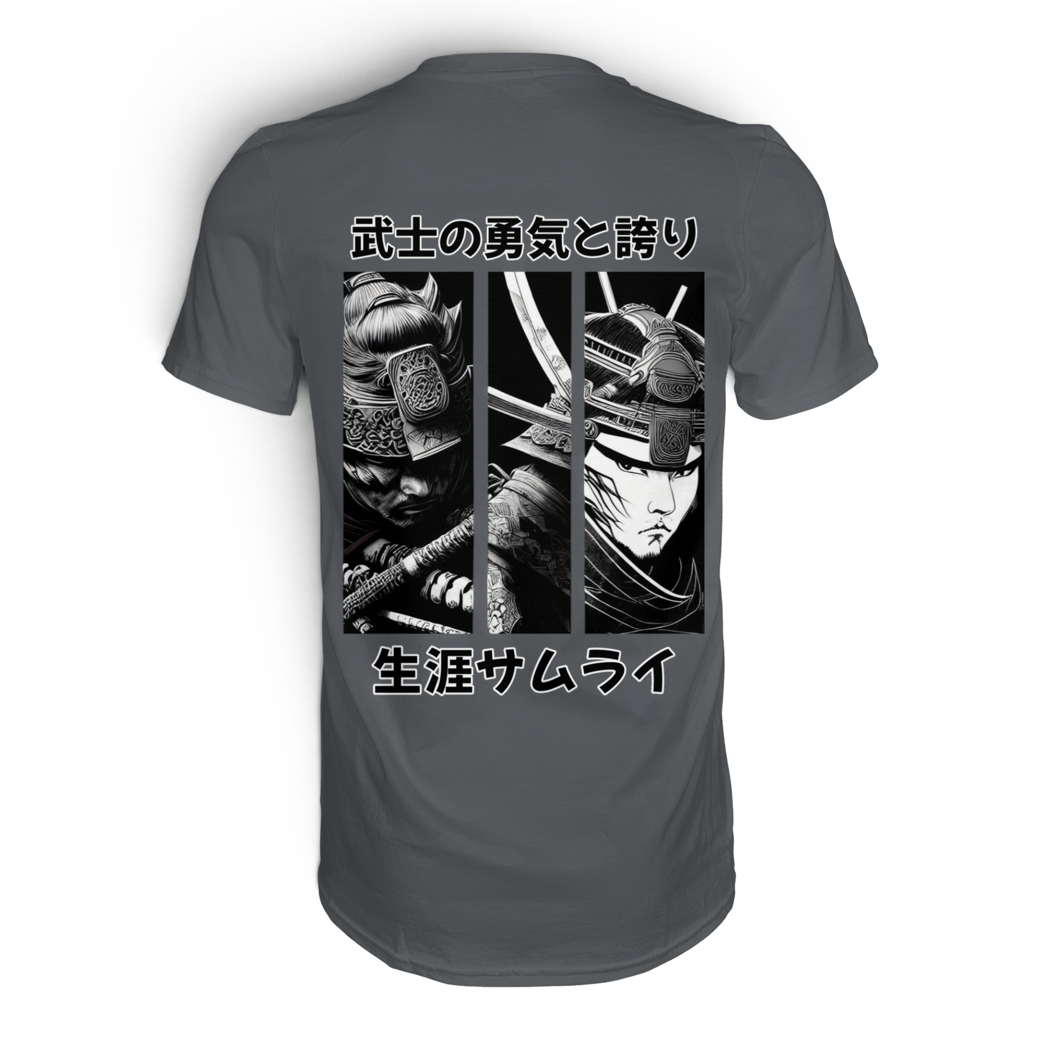 Ronin Premium-Shirt für Unisex, dunkelgrau, Rückenansicht, hochwertiges Banpuku T-Shirt aus weichem Stoff, modernes Design