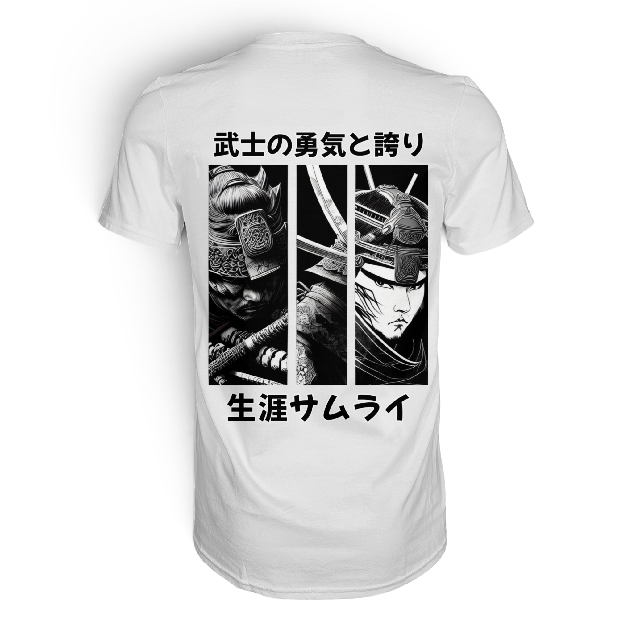 Weißes Unisex-Shirt von Banpuku mit Rückenansicht, hochwertiges Premium-Shirt, stilvolles Design, bequem und modern.