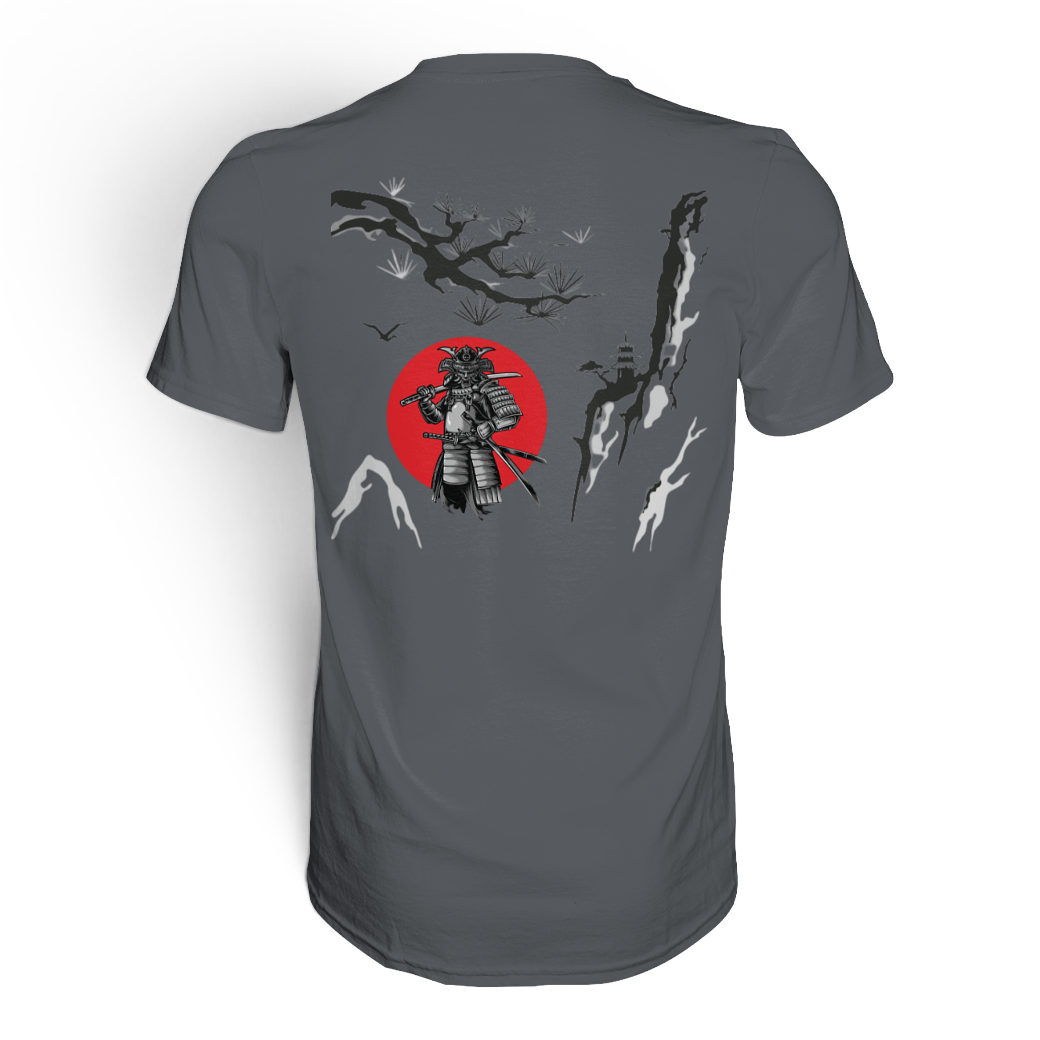 Unisex Samurai Premium-Shirt von Banpuku, Rückenansicht mit stilvollem Samurai-Design auf hochwertigem Baumwollshirt.