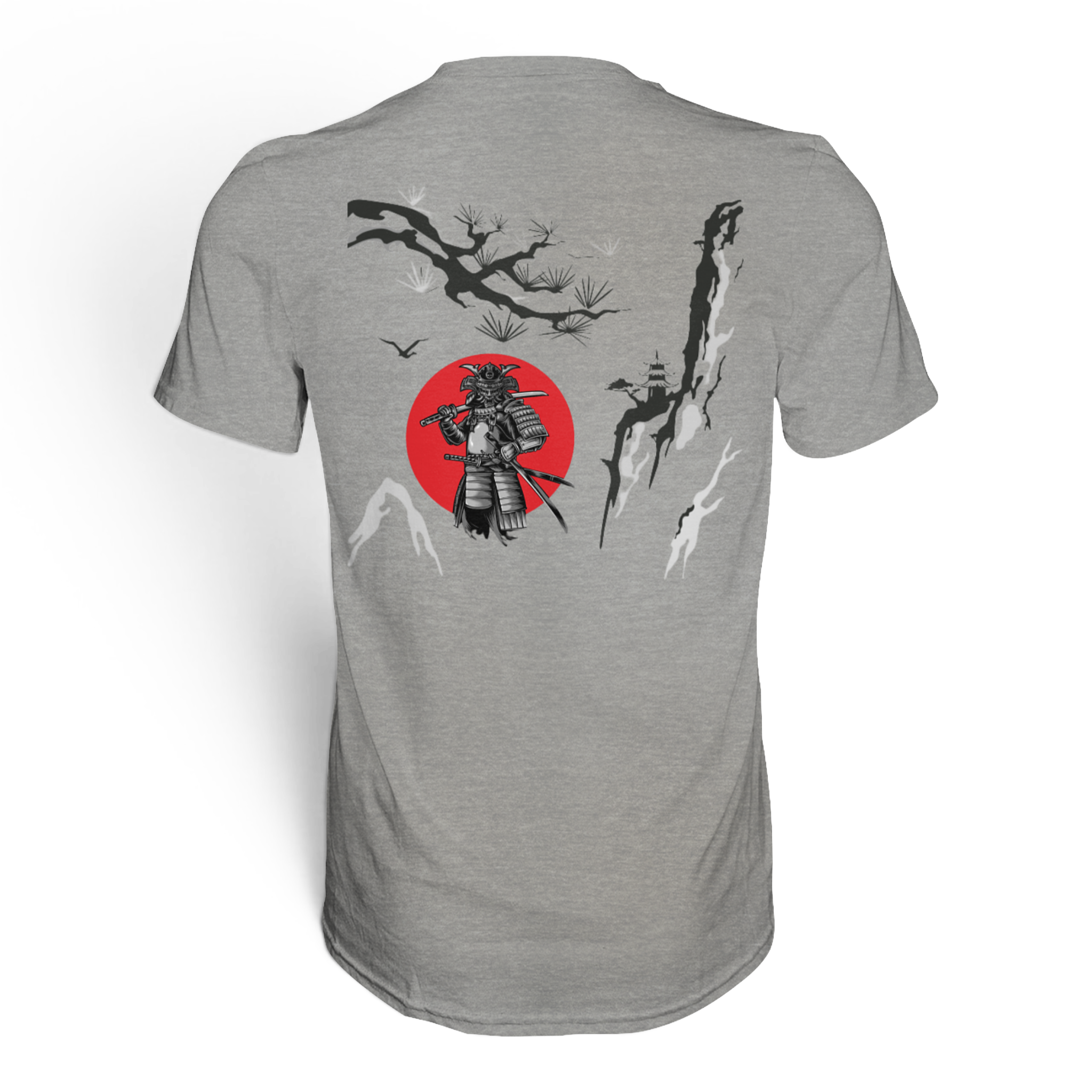 Unisex Premium-Shirt mit Samurai-Design von Banpuku, zeigt den Rücken in einem modernen Mokup-Style.
