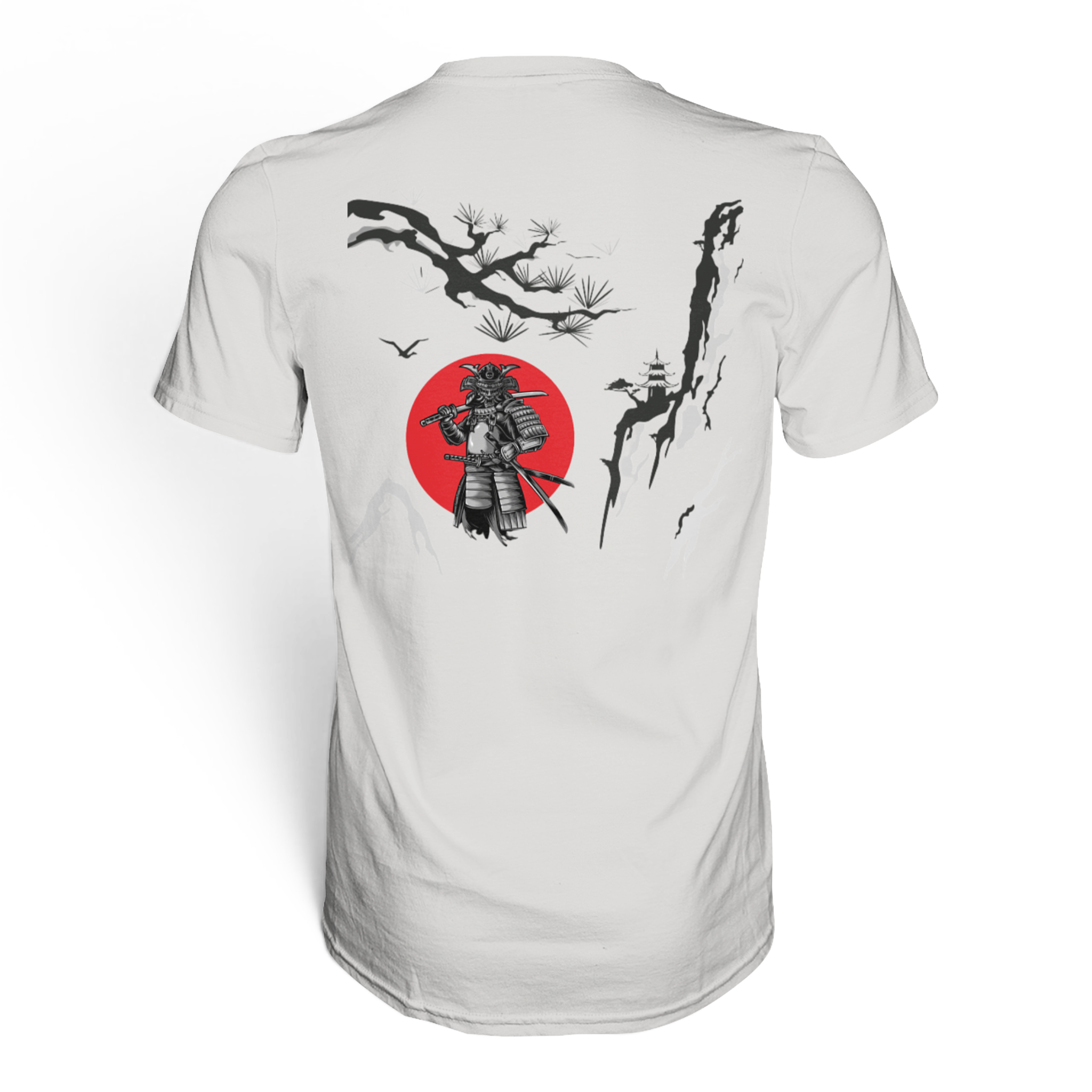 Unisex-Samurai Premium-Shirt von Banpuku, Rückenansicht mit stilvollem Samurai-Design, hochwertiges T-Shirt aus weichem Stoff
