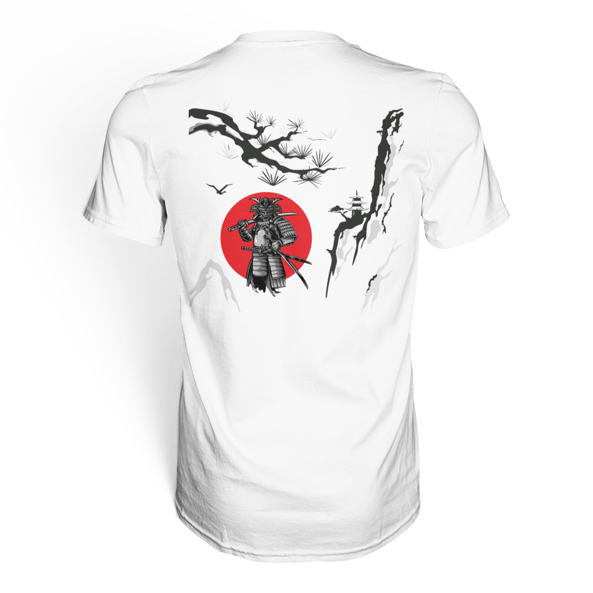 Unisex Premium-Shirt von Banpuku mit Samurai-Design, Blick auf den Rücken, hochwertige Baumwollqualität, modernes Streetwear-Design