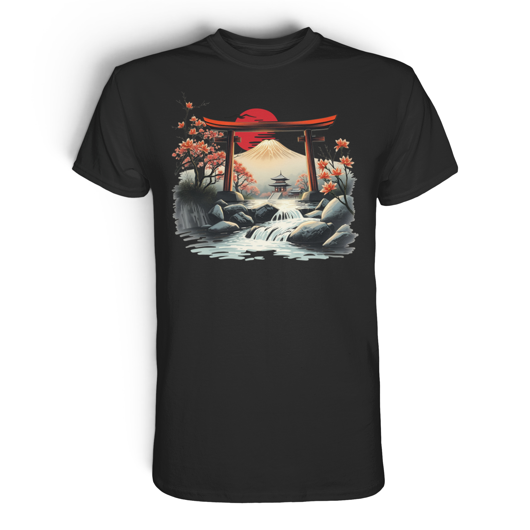 Schwarzes Unisex-Shirt "Torii" von Banpuku mit schlichtem Design, Frontansicht, hochwertiges Premium-Shirt, bequem und stylisch