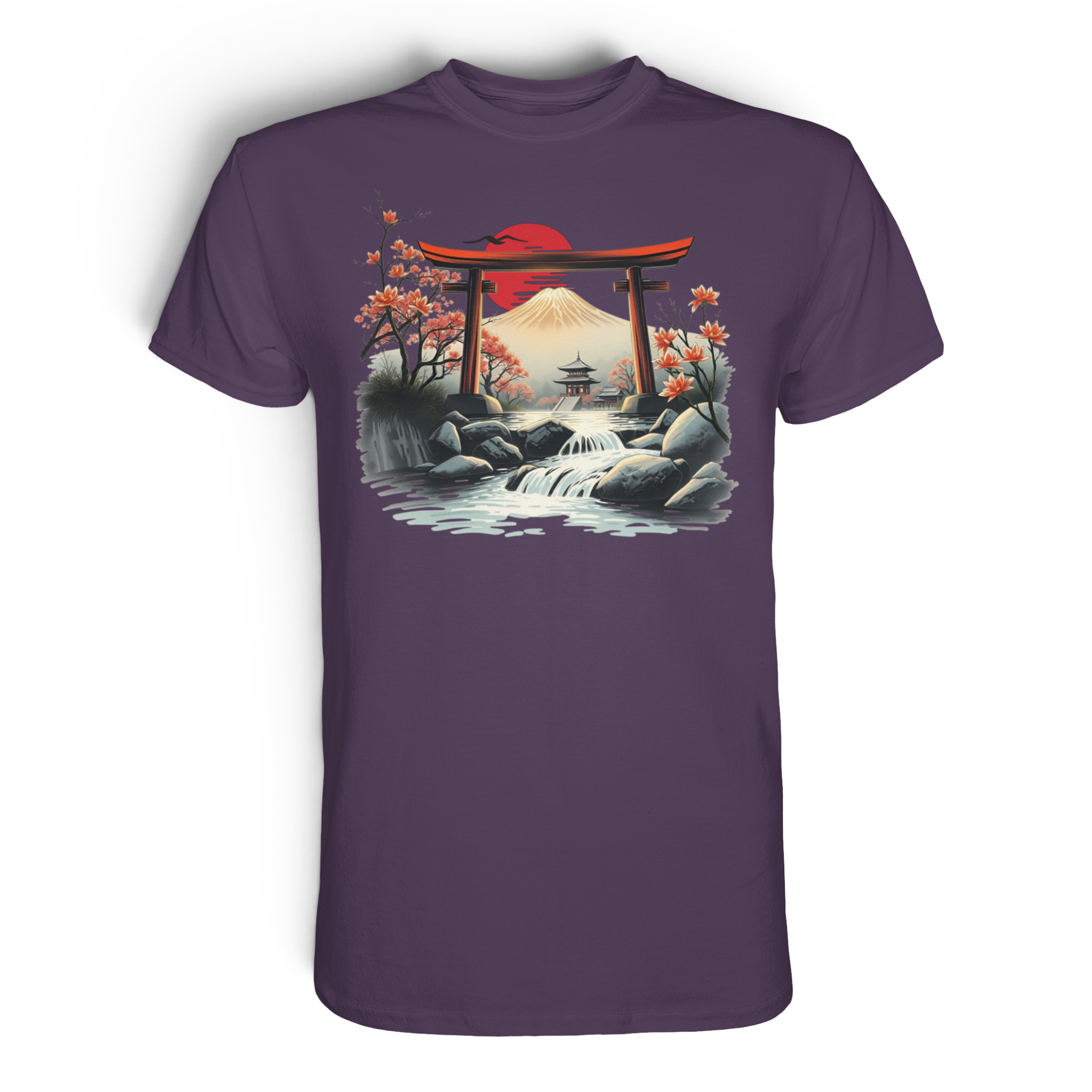 Unisex Premium-Shirt von Banpuku mit Torii-Design in urbanem Lila, Vorderseite, bequemes Mode-T-Shirt für Damen und Herren