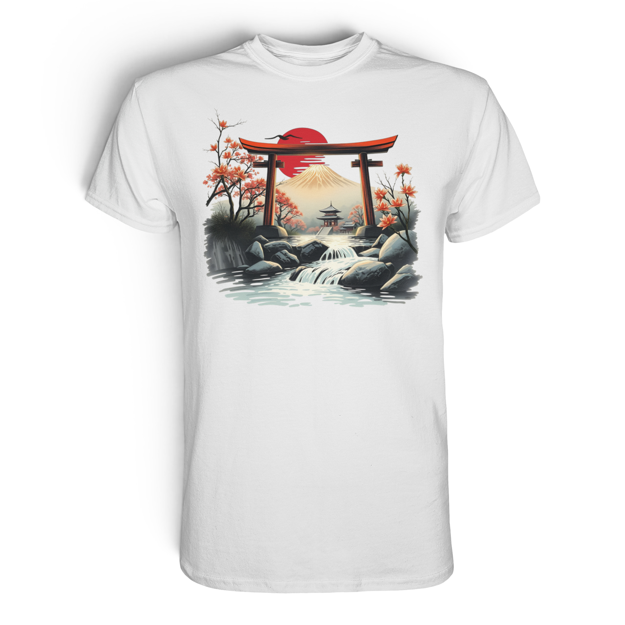Hochwertiges unisex T-Shirt von Banpuku mit Torii-Design in Weiß, Vorderseite sichtbar, bequemes Premium Shirt für Damen und Herren