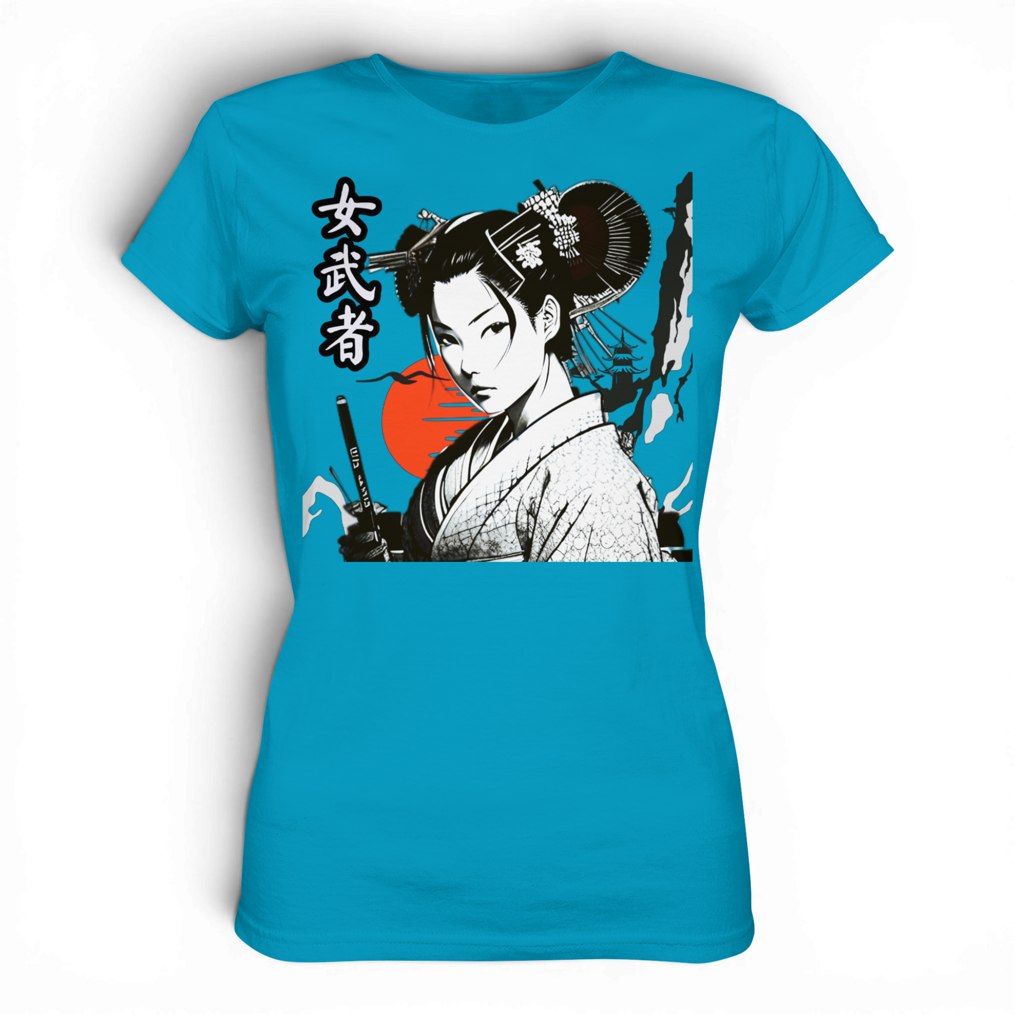 Damen Premium-Shirt von Banpuku mit Onna-Bugeisha Motiv, bequemes Lady-Shirt in Atoll-Farbe, frontalansicht.