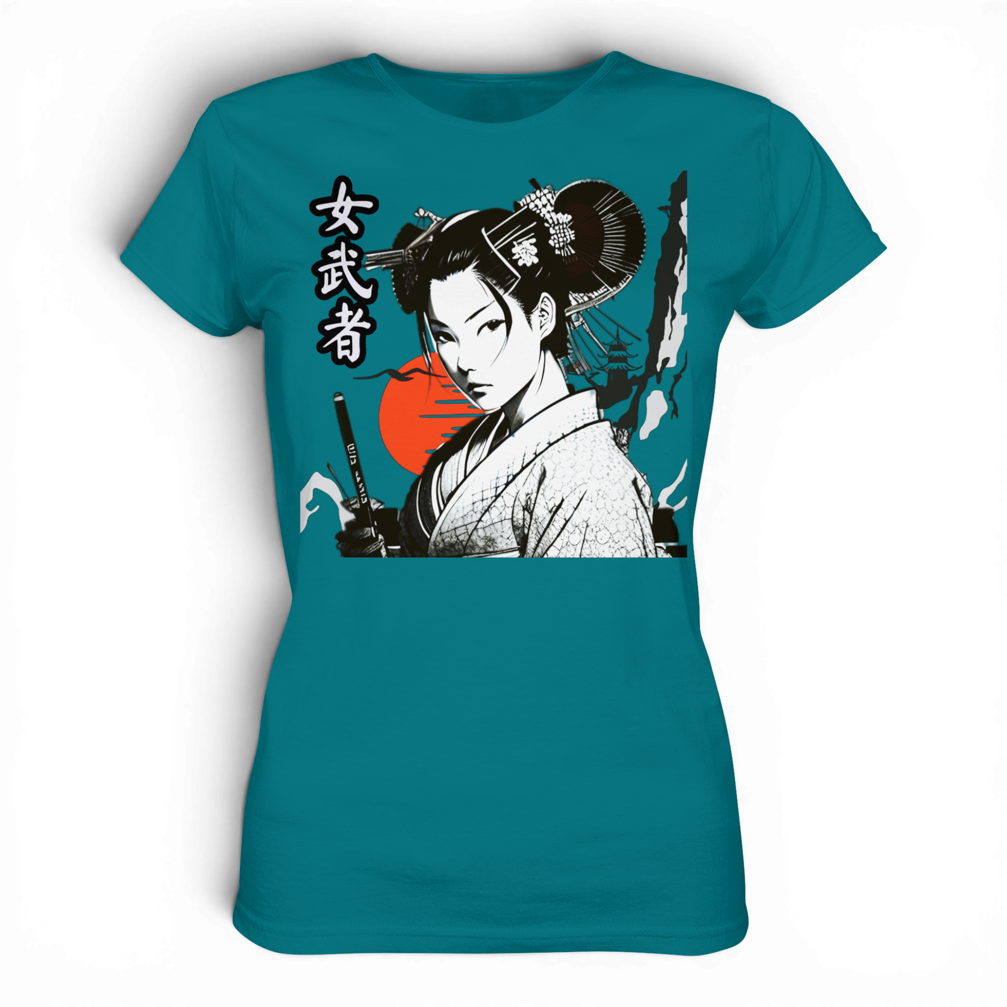 Damen Premium-Shirt von Banpuku mit Onna-Bugeisha Motiv in Blau, Vorderansicht, bequemes Lady-Shirt für Frauen.