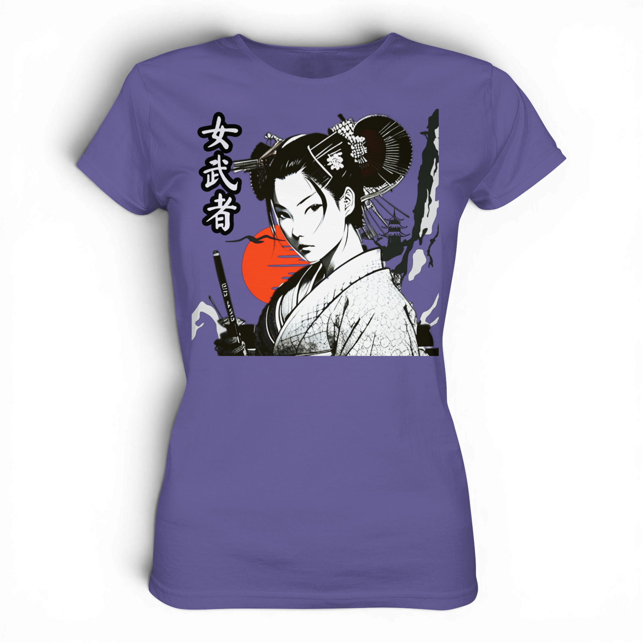 Damen Premium-Shirt von Banpuku mit Onna-Bugeisha Design, lilafarbene Lady-Shirt-Frontansicht, hochwertiges Mode-Top