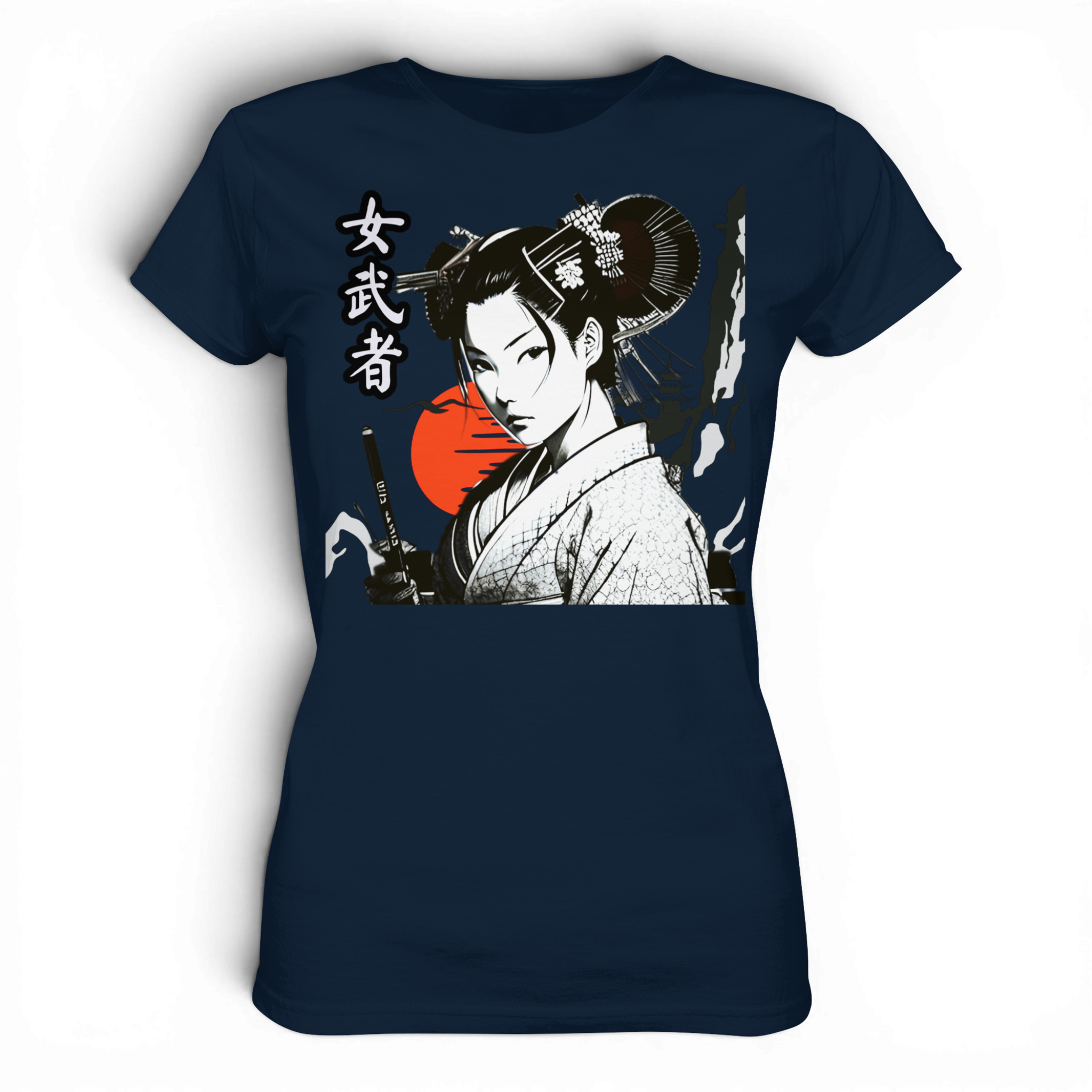 Damen Premium-Shirt von Banpuku mit Onna-Bugeisha Motiv, navyfarbenes Lady-Shirt aus weichem Stoff, vorderseitiges Design, bequem und stilvoll
