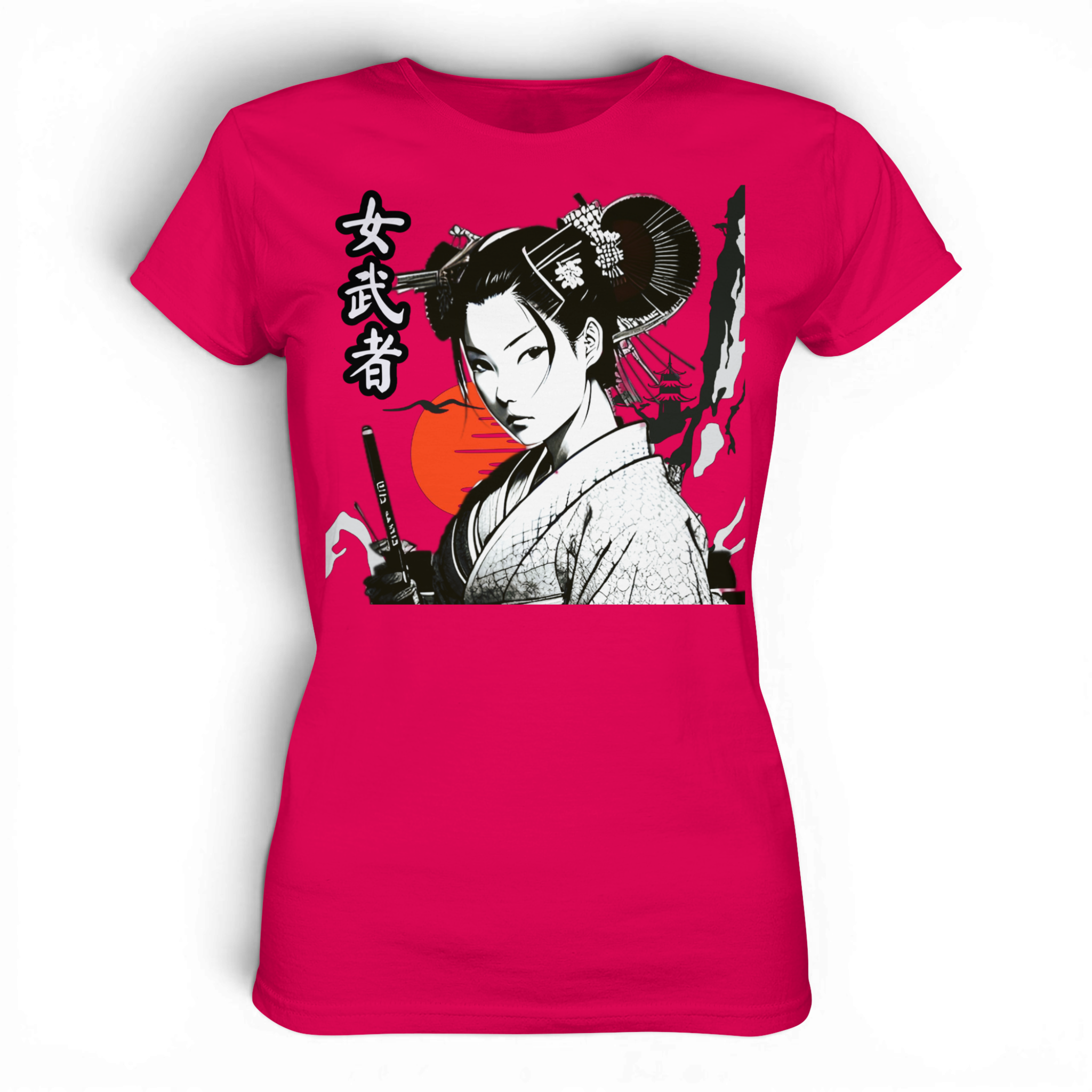 Damen Premium-Shirt von Banpuku mit Onna-Bugeisha Design, vorne sichtbar, weiches Sorbet-Farbdesign, bequemes Lady-Shirt