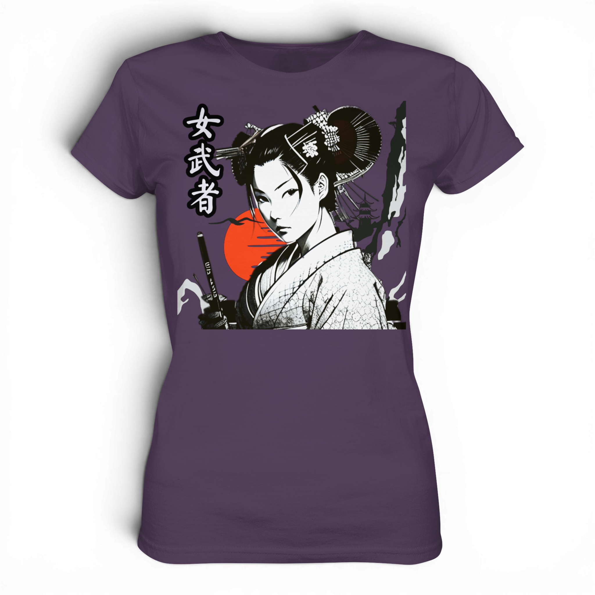 Damen Premium-Shirt von Banpuku mit Onna-Bugeisha Motiv, urbanes lila Design, vorne sichtbar, modisches Lady-Shirt