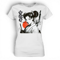 Weißes Damen Premium-Shirt von Banpuku mit Onna-Bugeisha Design, bequemes Lady-Shirt, detailreiche Frontansicht