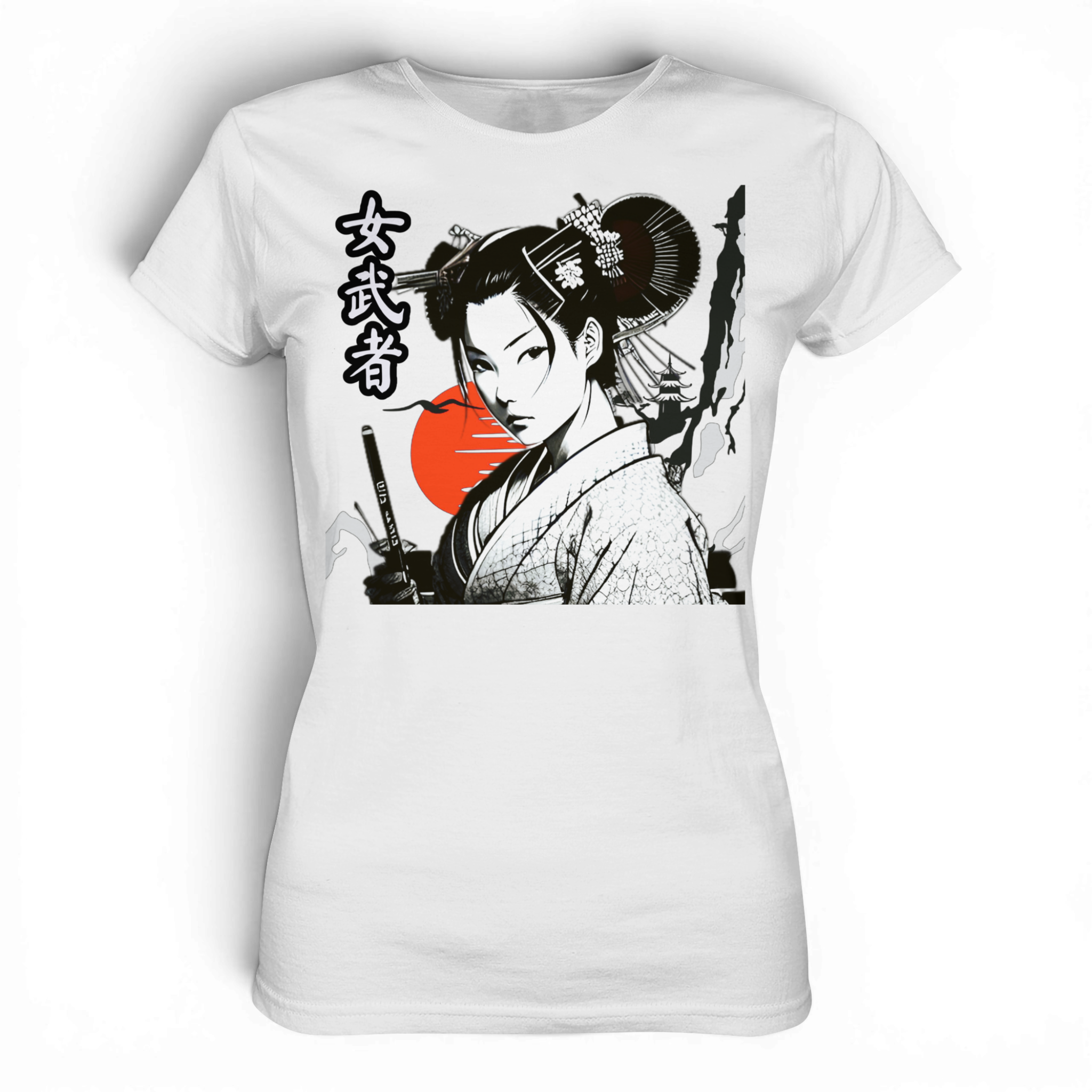Weißes Damen Premium-Shirt von Banpuku mit Onna-Bugeisha Design, bequemes Lady-Shirt, detailreiche Frontansicht