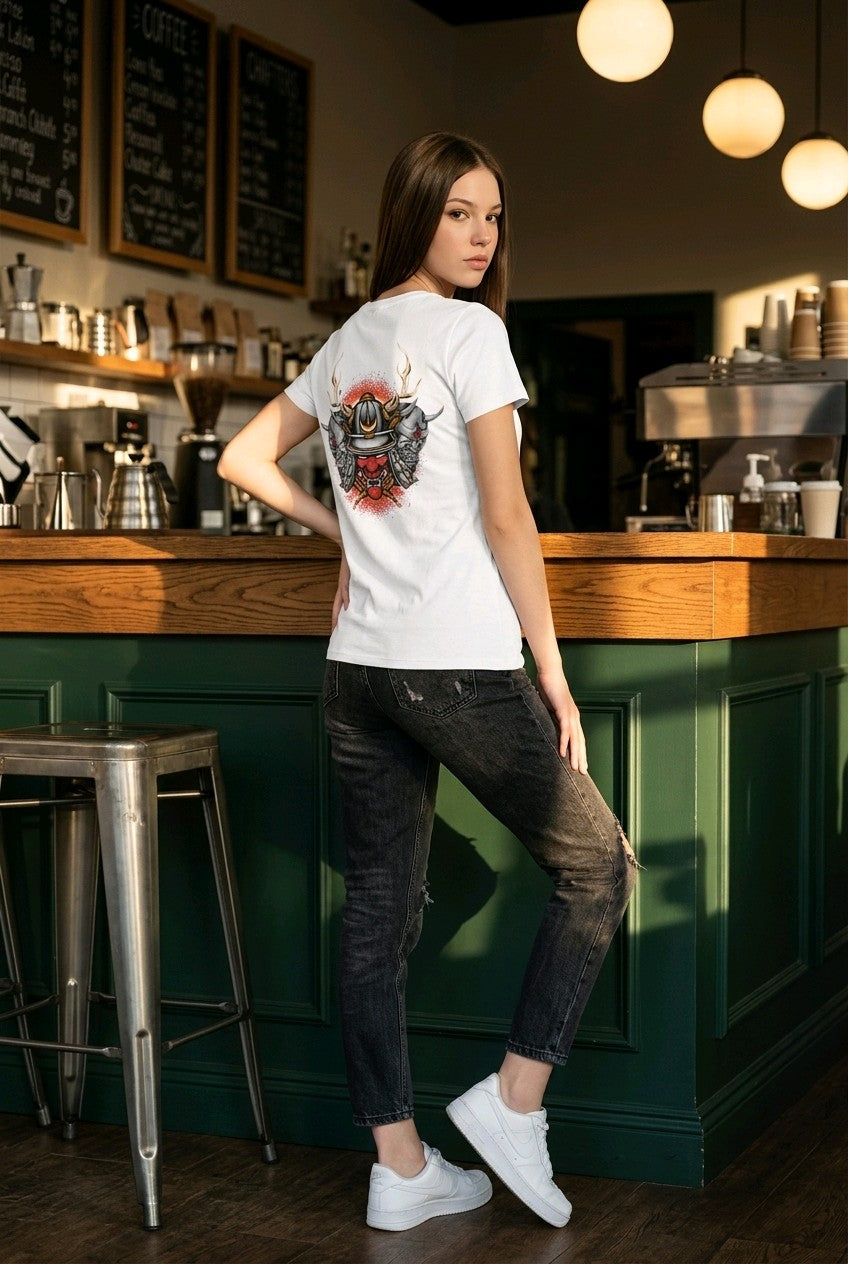 Anime T-Shirt Samurai Maske Masuka in Weiß, Rückenansicht an einer Frau im Café