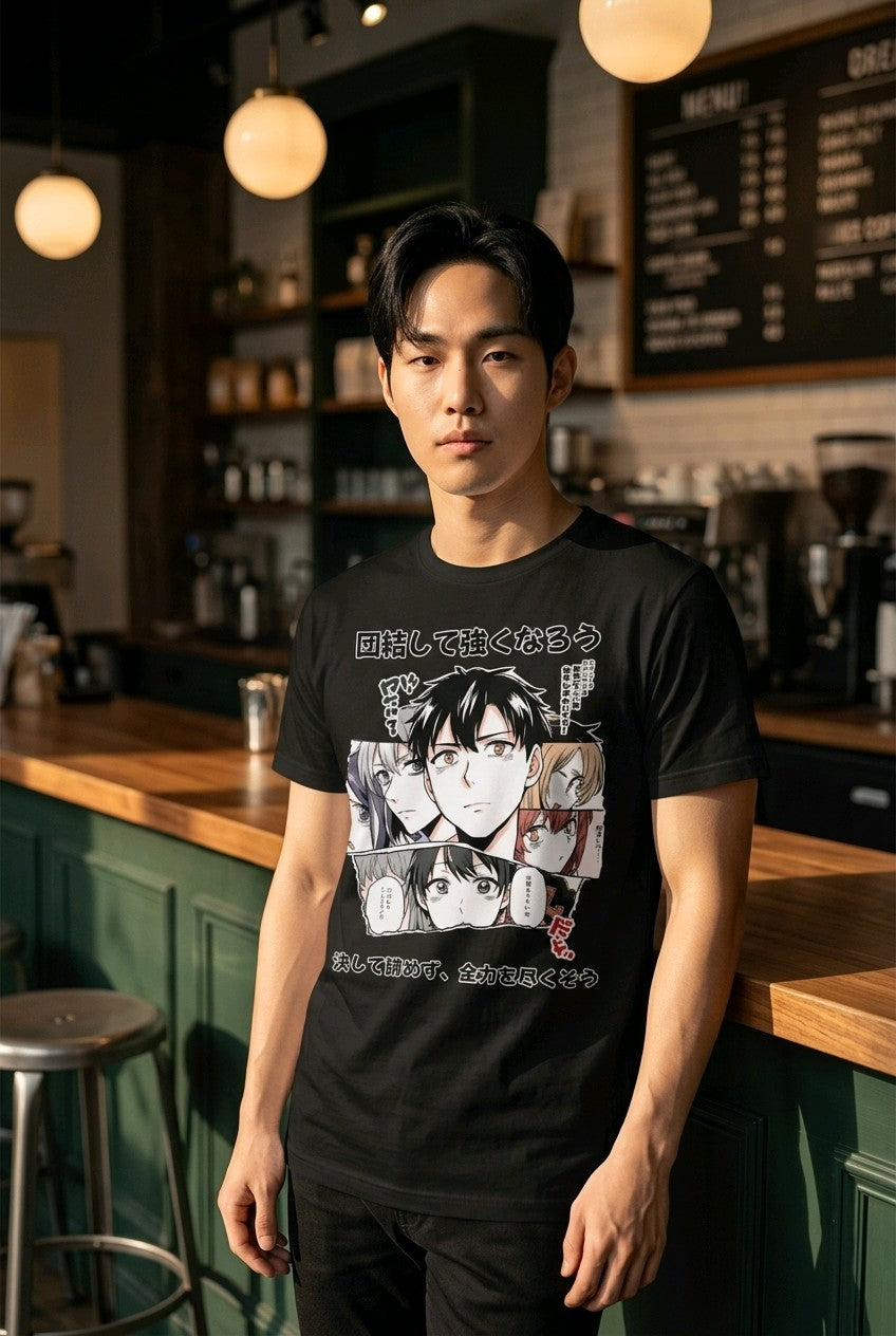Anime T-Shirt Manga Figuren Sakura in Schwarz, getragen von einem Mann im Café