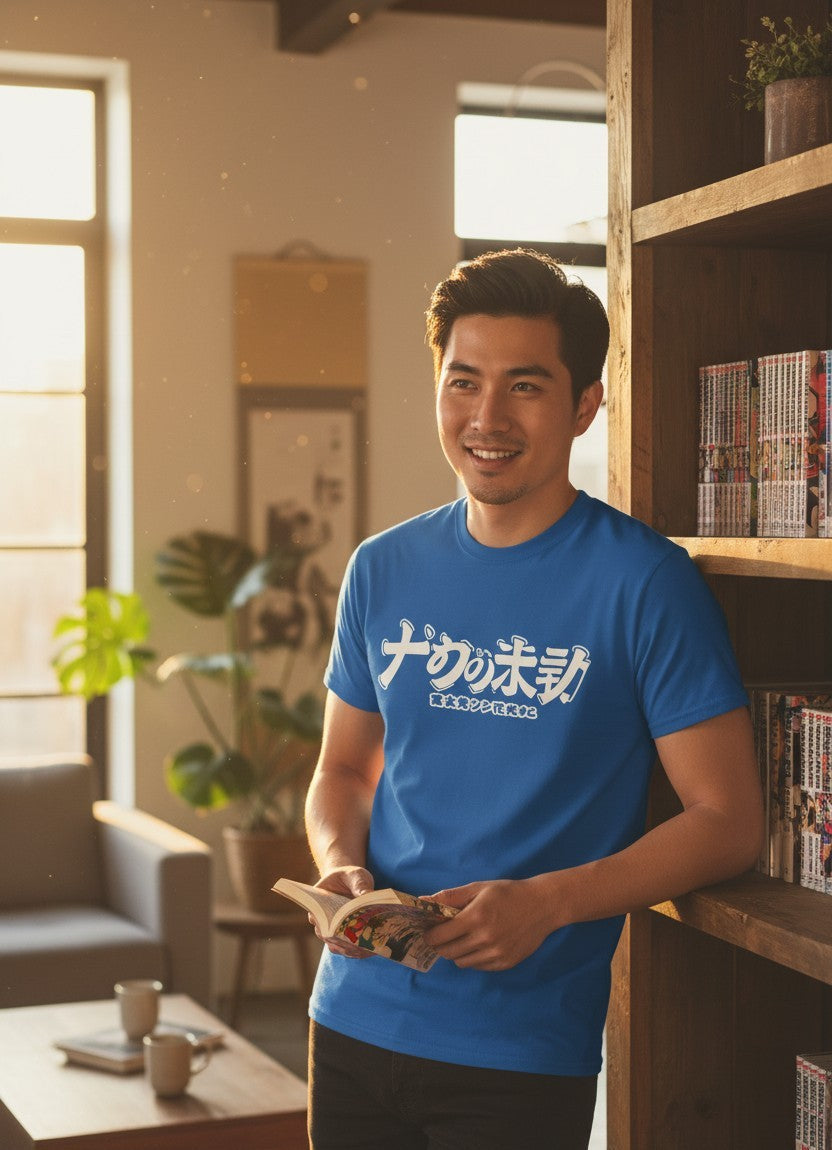 Anime T-Shirt Schriftzug Junsui in Royalblau, getragen von einem Mann in einem Manga-Café