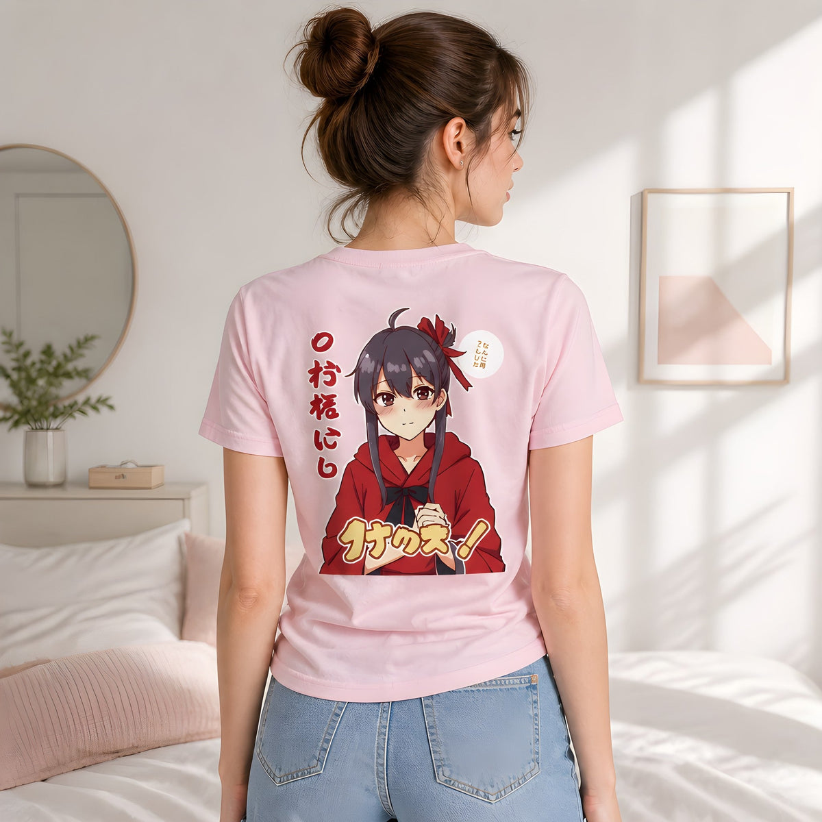 Anime T-Shirt Damen Manga Girl Akari in Orchideen-Pink, Rückenansicht an einer Frau