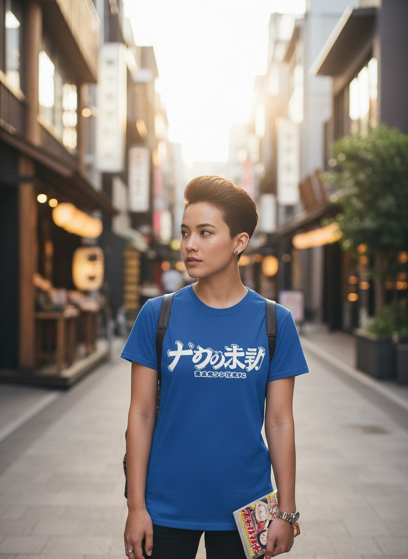 Anime T-Shirt Schriftzug Junsui in Royalblau, getragen von einer Frau in Tokio
