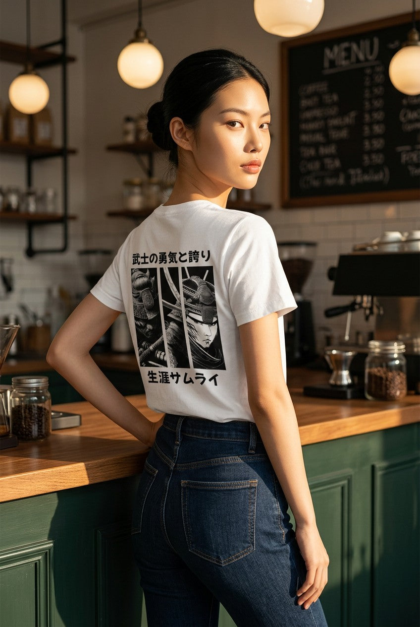 Anime T-Shirt Ronin Samurai in Weiß, Rückenansicht an einer Frau im Café